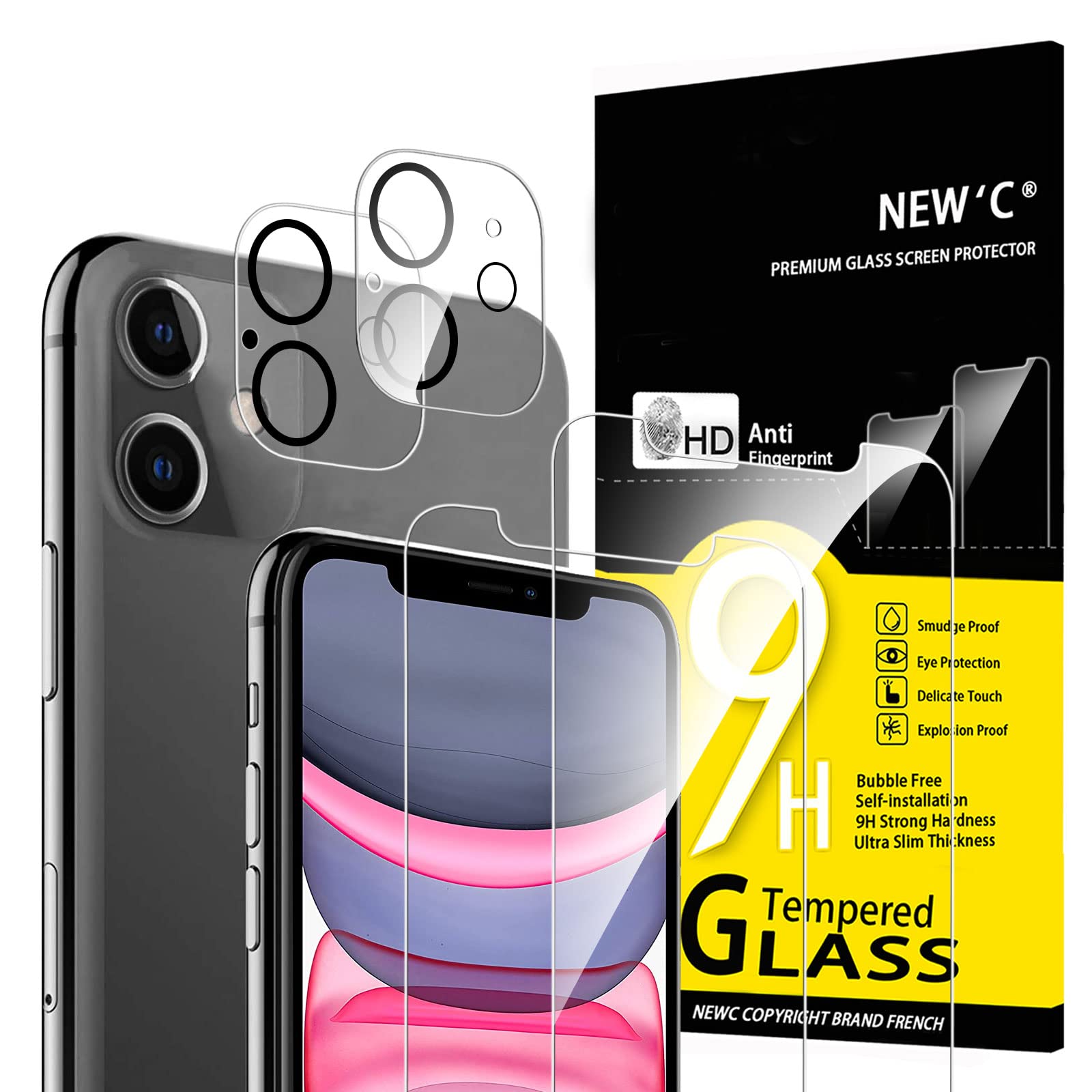 New'C 4 Pack, 2 Pack Screen Protector For Iphone 11 + 2 Pack Camera Lens Protector, Sensor Protection,Case Friendly Tempered Gla