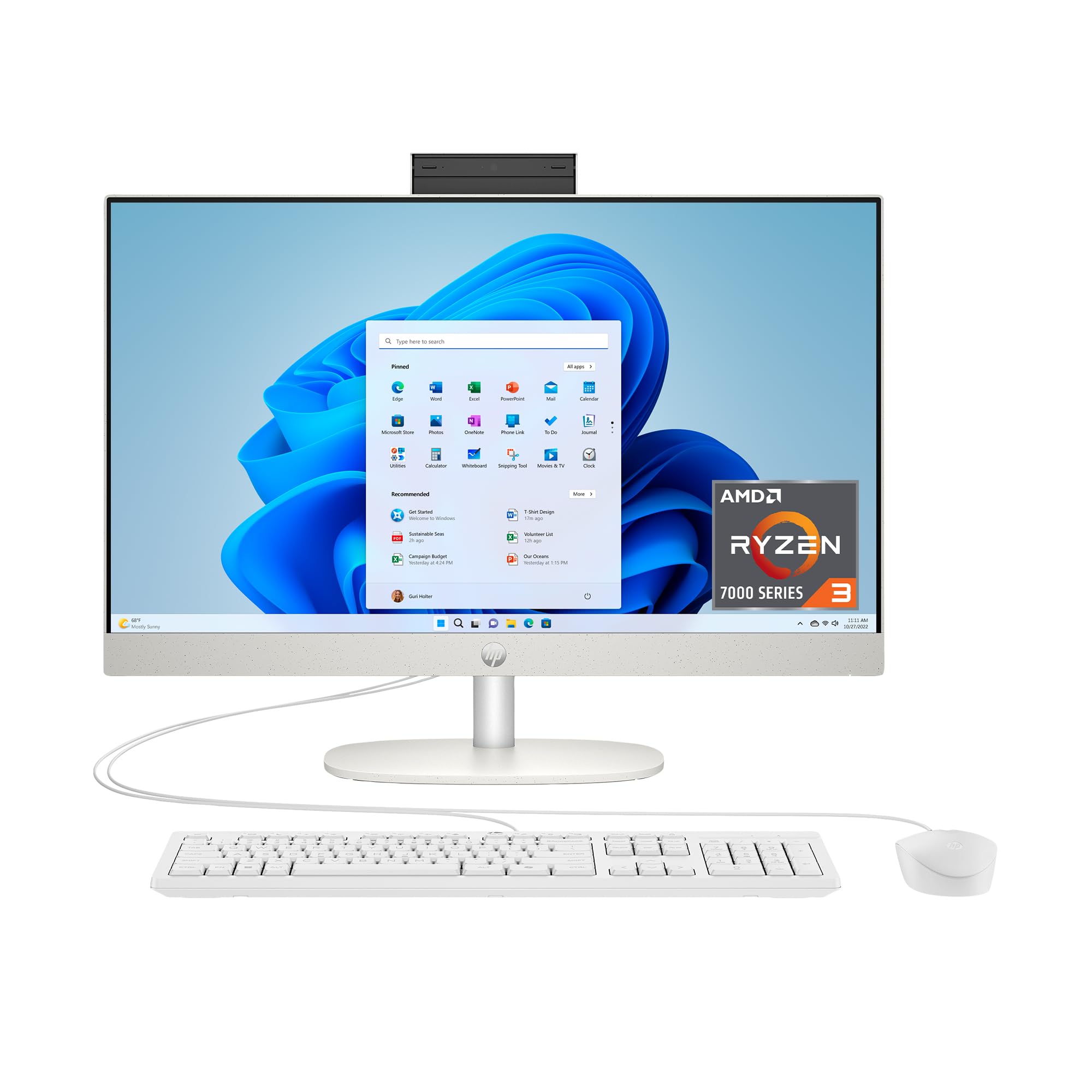 HP 23.8 inch All-in-One Desktop PC, FHD Touchscreen, AMD Ryzen 3 7320U, 8 GB RAM, 256 GB SSD, AMD Radeon Graphics, Windows 11 Ho