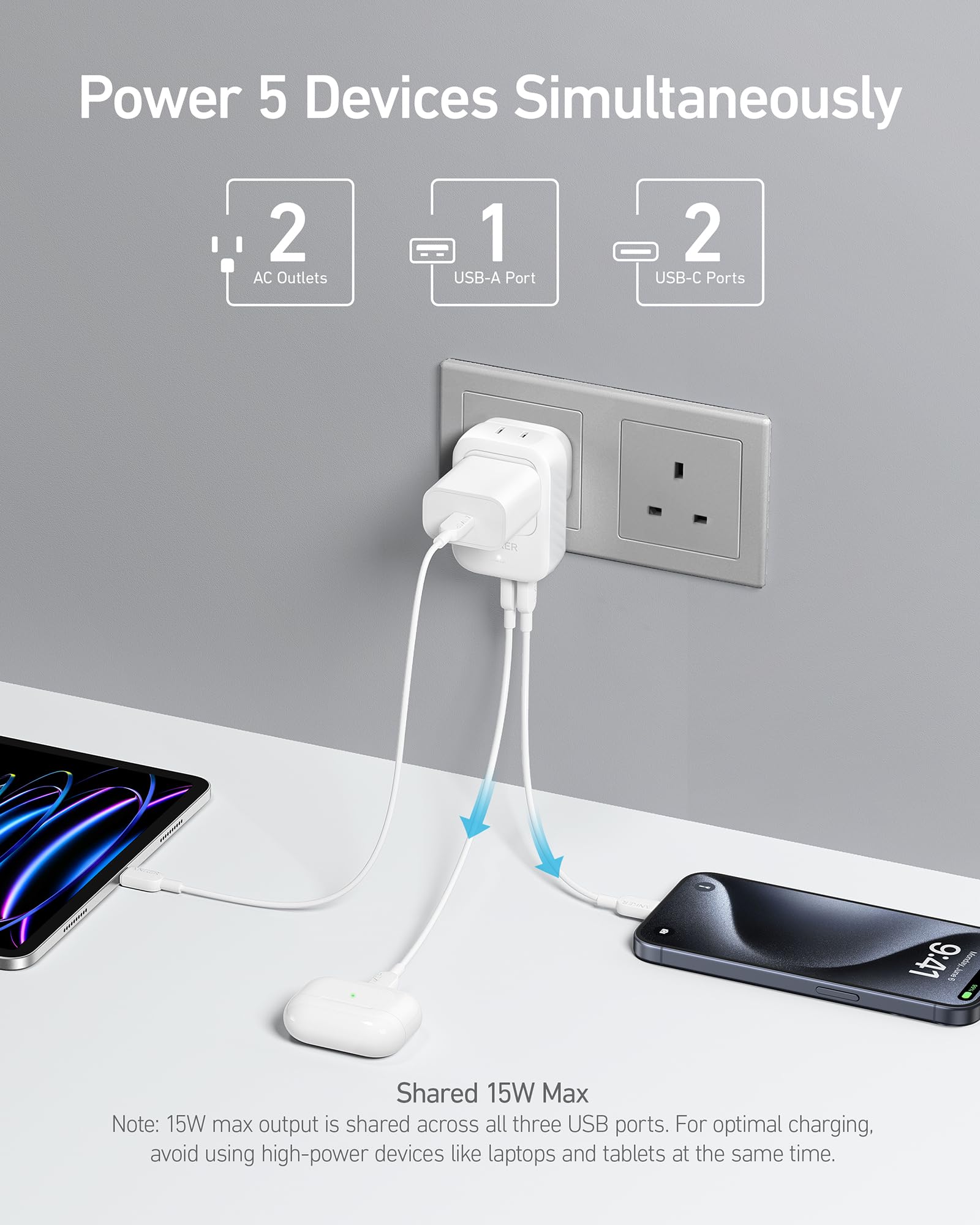 Anker Usa To Uk International Plug Adapter, Travel Adapter, 15W Max With 2 Ac, 2 Usb C, And 1 Usb A Port, Ideal For Iphone 15, I