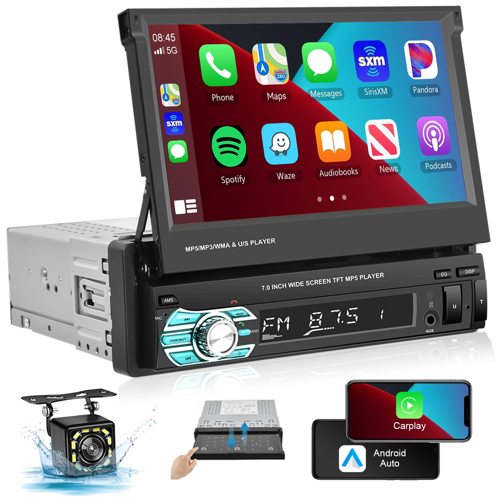 Single Din Apple Carplay Car Stereo Audio Receivers With Android Auto/Airplay Mirrorlink,Podofo 7 Inch Flip Out Car Radio Bluetooth Fm Radio With Hd Backup Camera//Usb/Tf Card/Aux In Ports