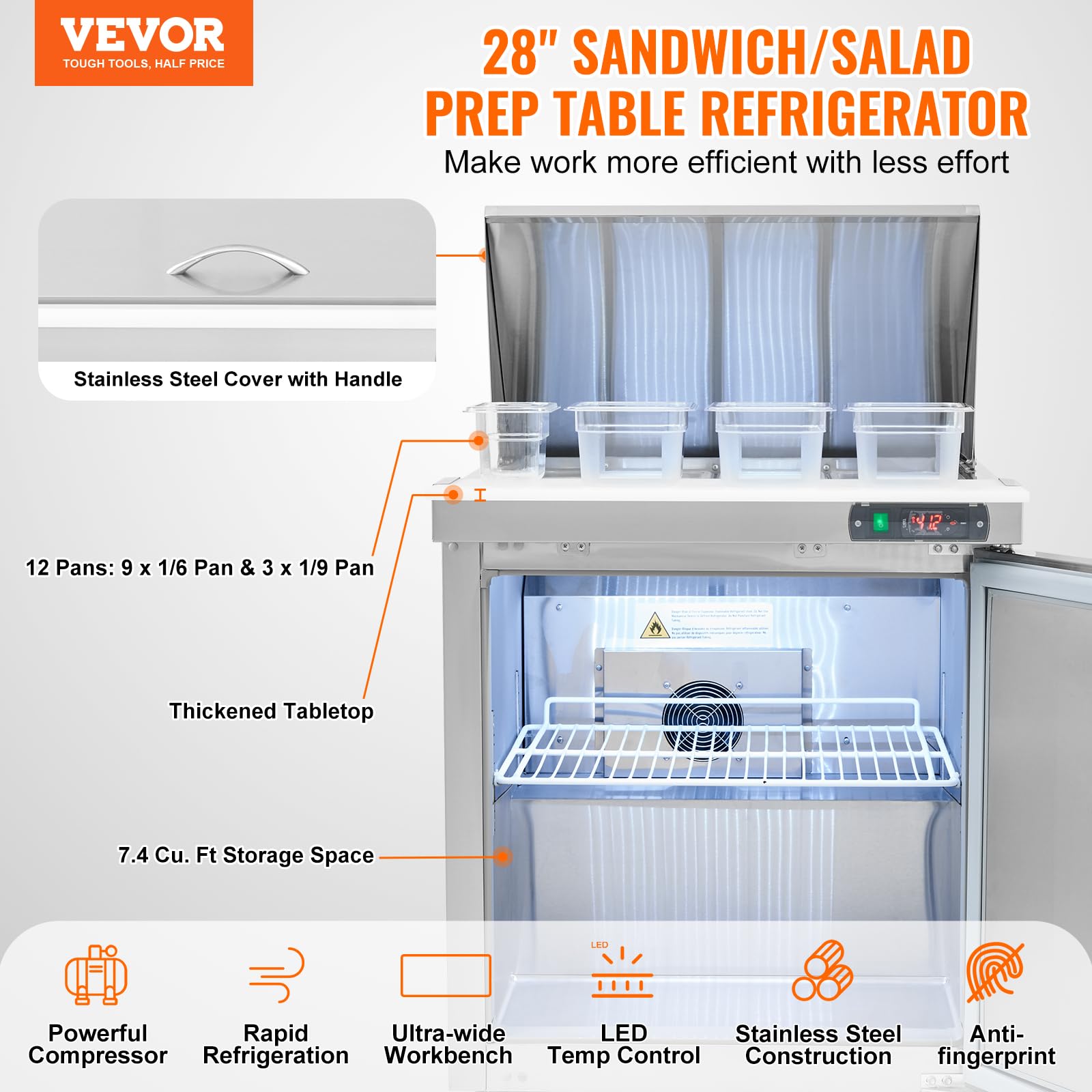 Vevor 28'' Commercial Refrigerator, 12 Pans Sandwich & Salad Prep Table, 7.4 Cu. Ft Stainless Steel Refrigerated Food Prep Stati