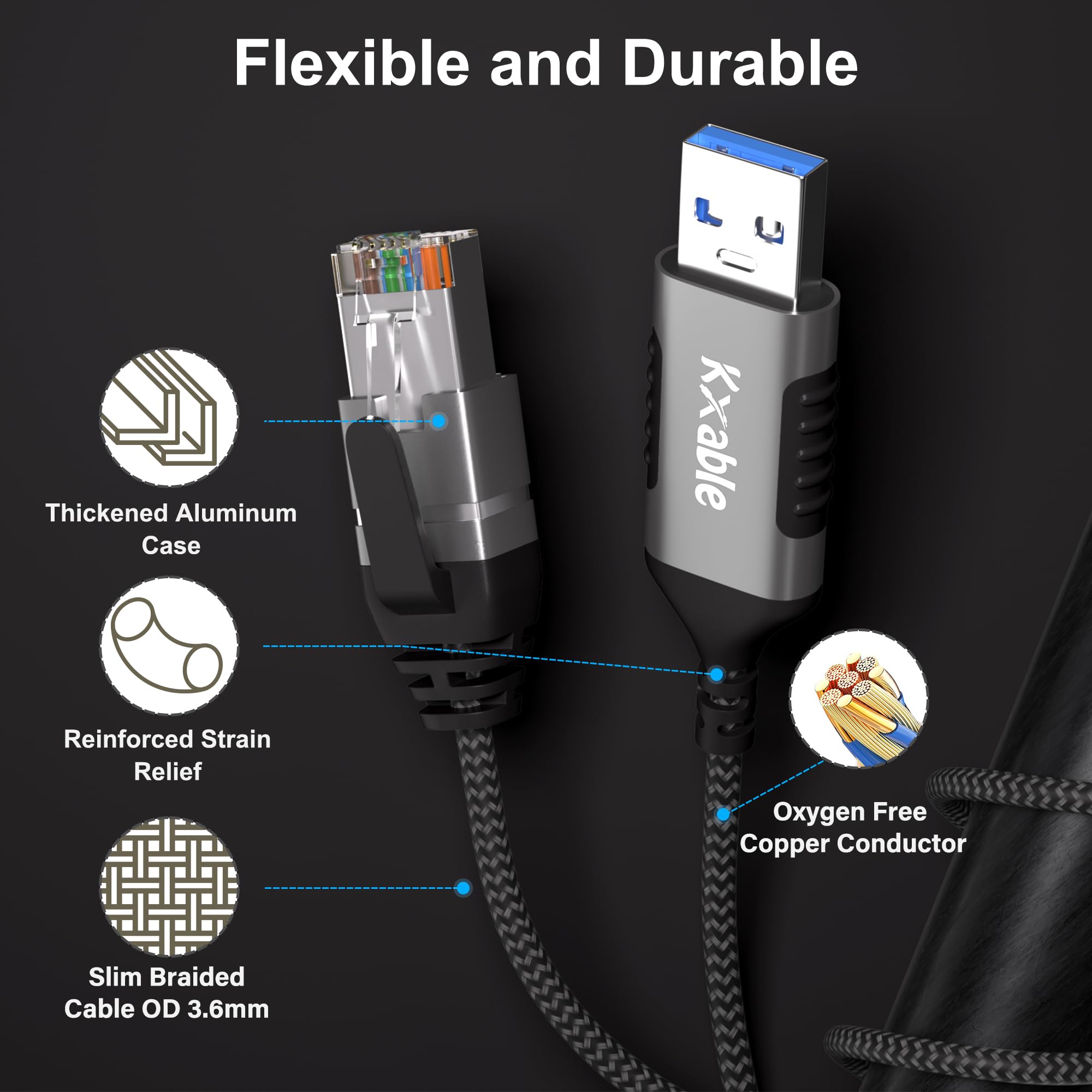 Slim Usb To Ethernet Cable 6 Ft, Usb 3.0 A To Rj45 Thin Cord, Directly Connected, Aluminum, Braided, Ofc, Usb To Rj45 Gigabit La