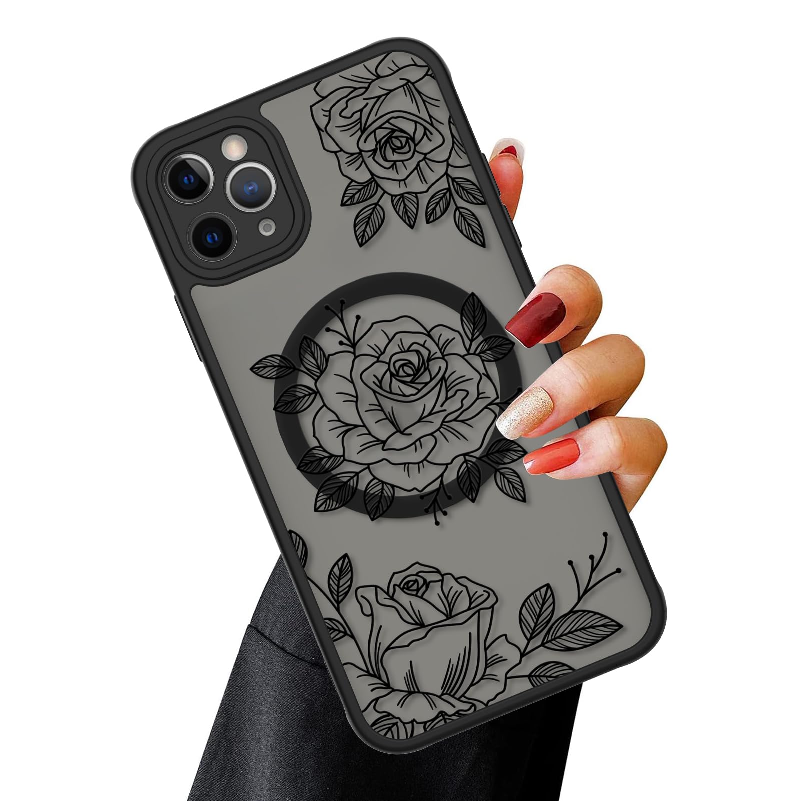 Ook Magnetic For Iphone 11 Pro Max Case Black Flower Floral Pattern [Compatible With Magsafe] Slim Translucent Matte Camera Lens