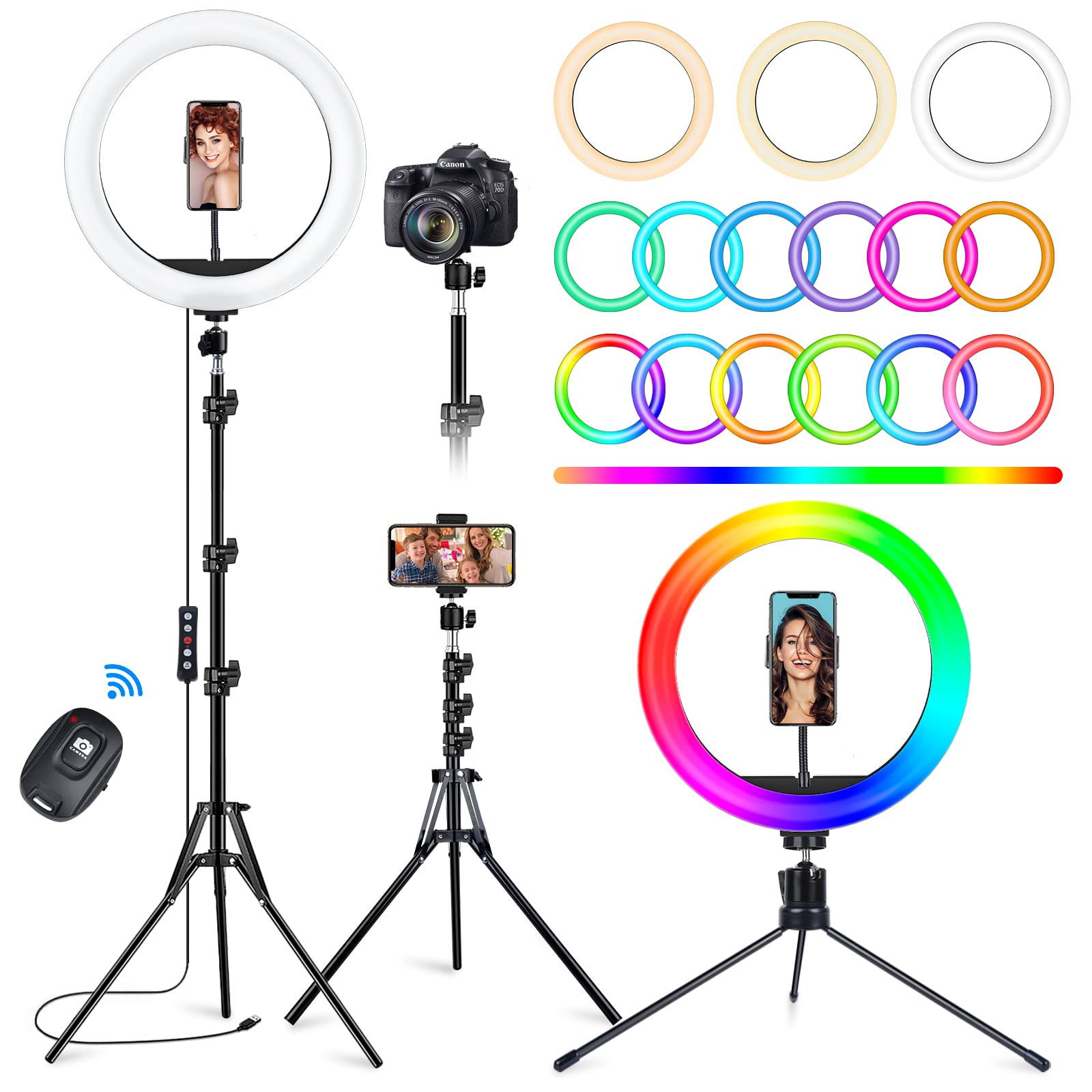 Stally 10.2'' Ring Light With Stand, 75'' Tall Ring Light With Phone Holder And Wireless Remote, 12 Dimming Levels, 32 Color Mod