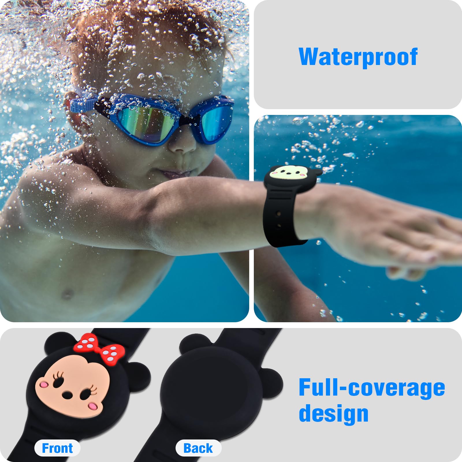 ZHOC 2 Pack AirTag Holder for Kids, Waterproof Silicone Wristband, Cute Cartoon Design, Black