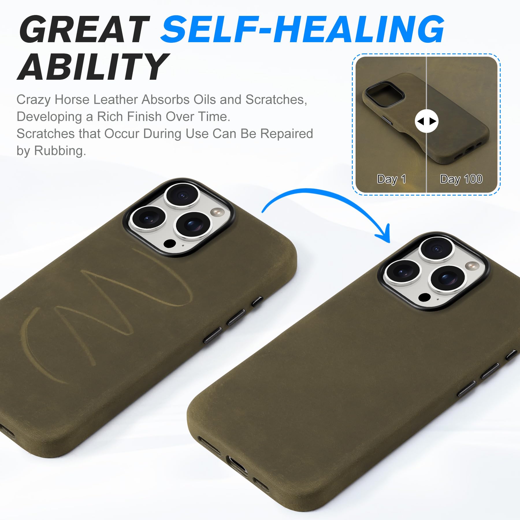 Shieldon Leather Case For Iphone 16 Pro Max 6.9'' 5G, Crazy Horse Top Grain Leather Magnetic Wireless Charging Non-Slip Slim Cov