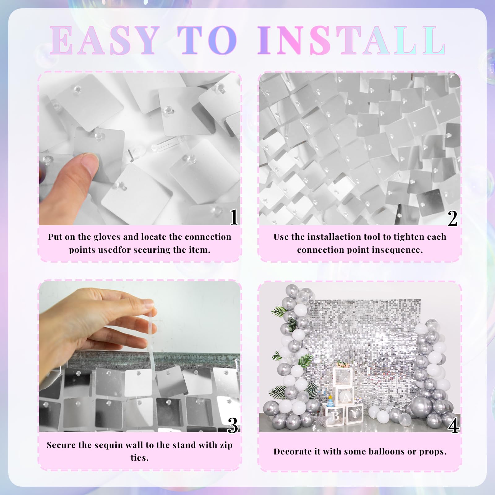 Shimmer Wall Backdrop Silver Wall Panels 12Pcs Square Sequin Shimmer Wall Backdrop Decoration For Birthday Party,Wedding, Annive