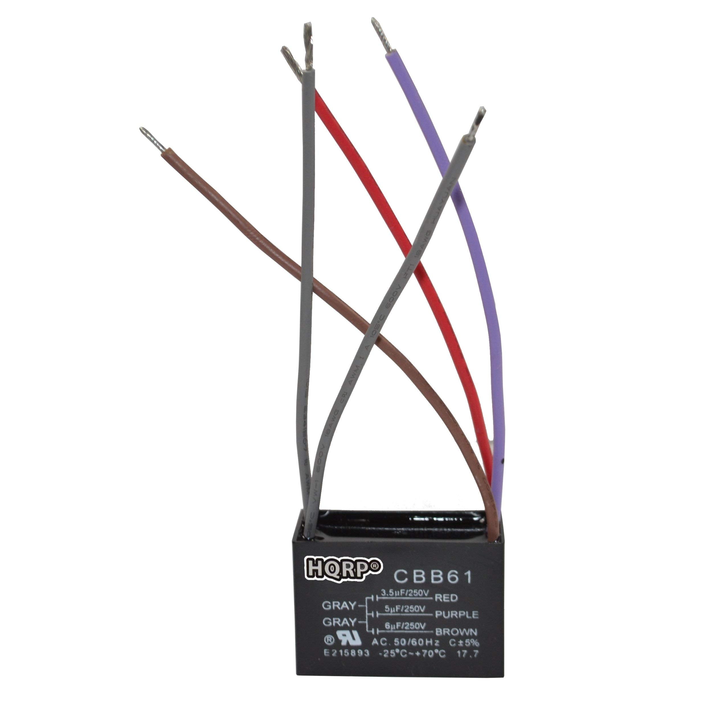 Hqrp Kit Ceiling Fan Capacitor Cbb61 3.5Uf+5Uf+6Uf 5 Wire Ul Listed And 3 Speed Fan Switch