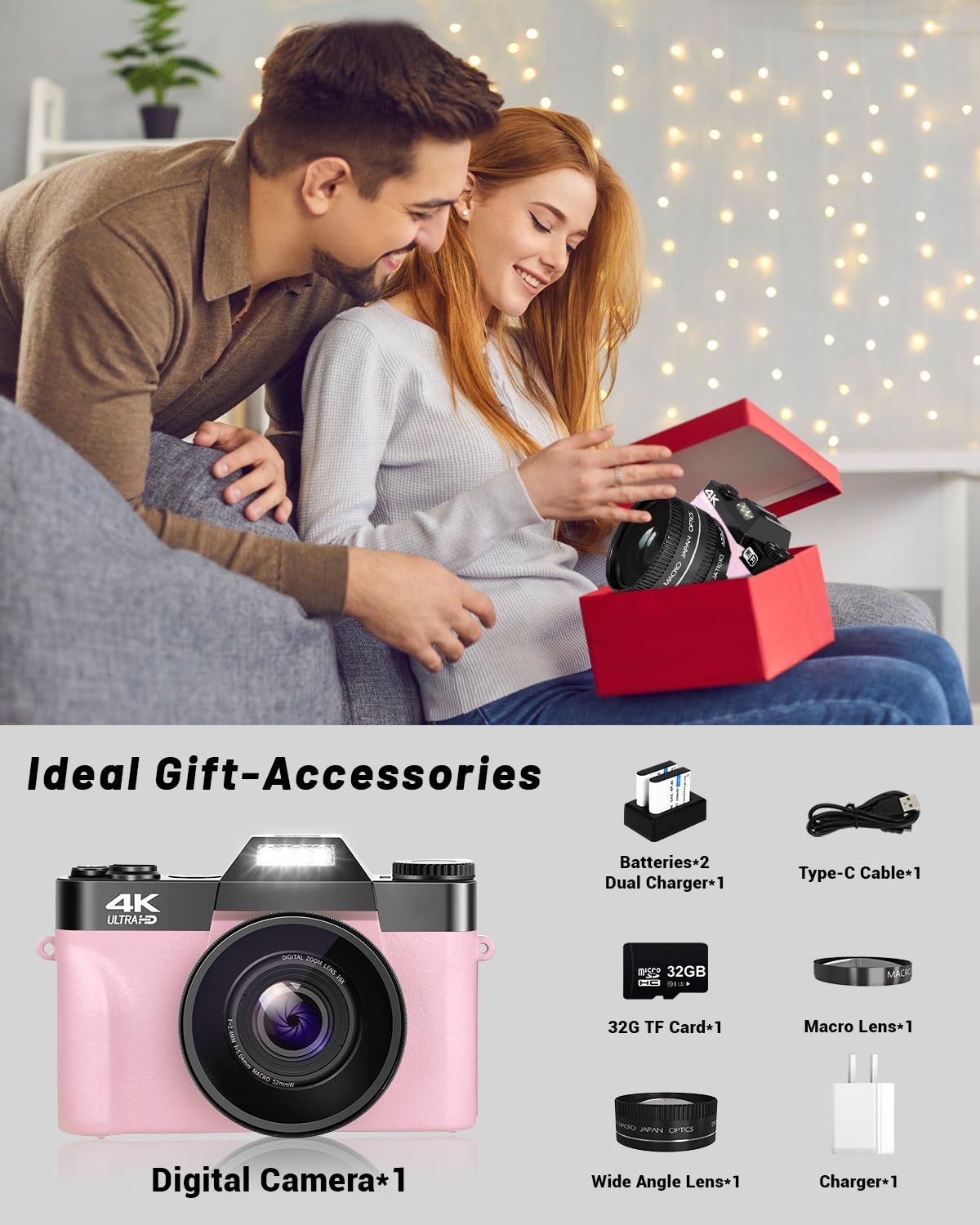 Vjianger 4K Vlogging Camera For Youtube 48Mp Digital Camera For Photography And Video With Flip Screen, Manualfocus, 16X Digital Zoom, 52Mm Wide Angle & Macrolens, 32Gb Tf Card, 2 Batteries(Pink)