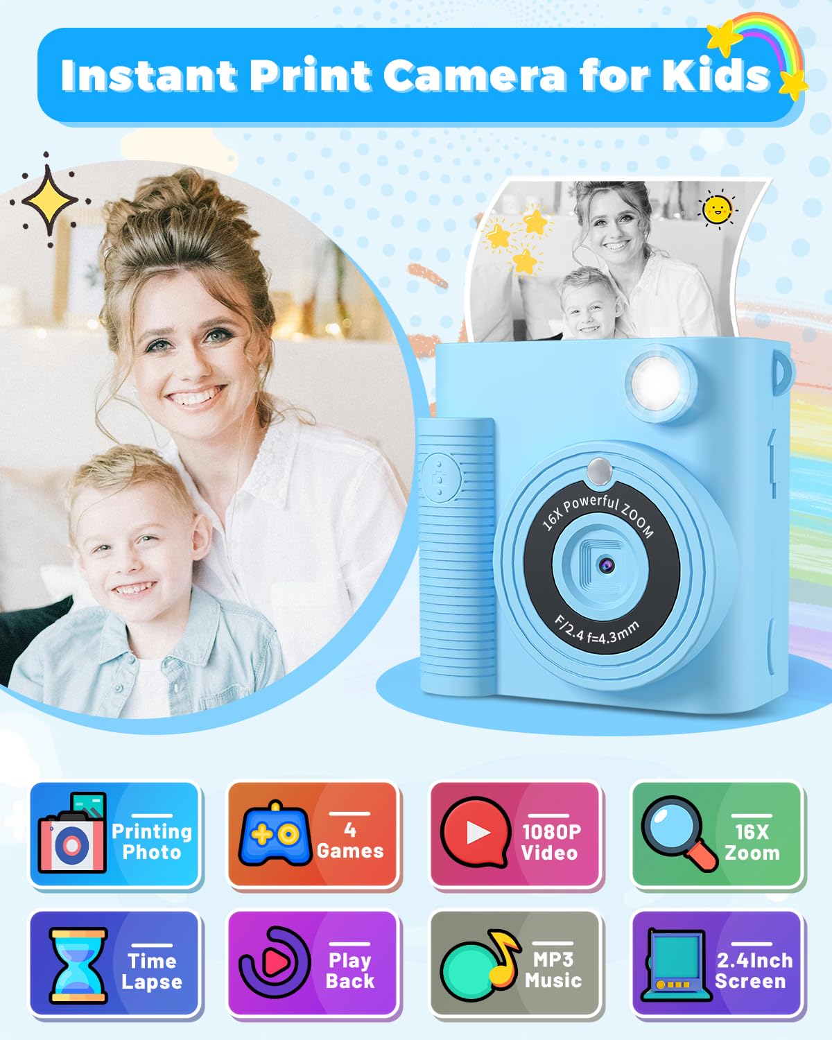 Fkateen Instant Print Camera For Kids, 1080P Hd Kids Digital Cameras Instant Print Photos With 32Gb Sd Card, Christmas Birthday