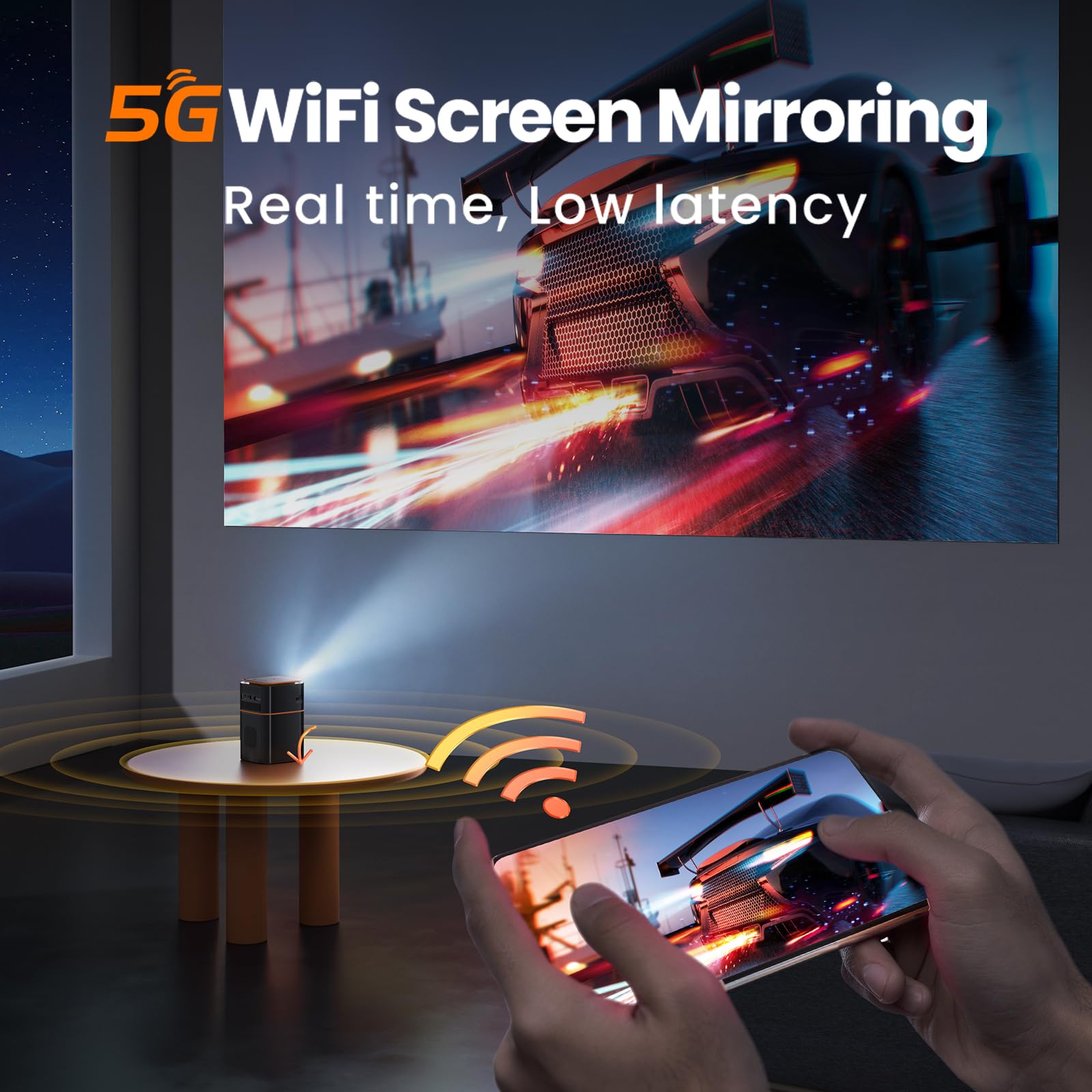 FATORK Mini Projector - 1080P HD DLP, 5G WiFi, Bluetooth, Portable, Rechargeable Battery, Black, Model D042