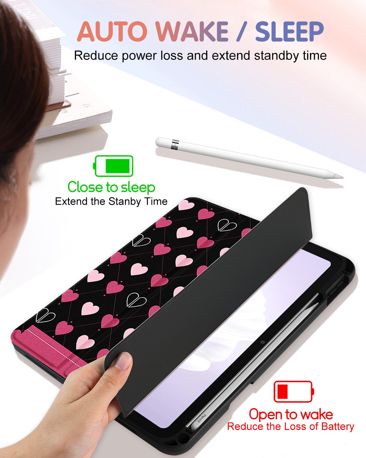 Wazzasoft For Apple Ipad 10Th Generation Case 10.9 Inch Cute Women Girls Folio Cover Girly Kawaii Teens Heart Design Unique Penc