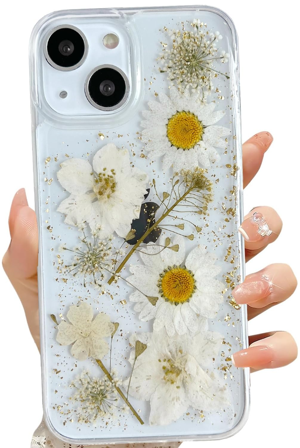 Lseeka For Iphone 13 Mini/Iphone 12 Mini Clear Case With Pressed Real Flowers Design,Glitter Cute White Floral Pattern Slim Soft