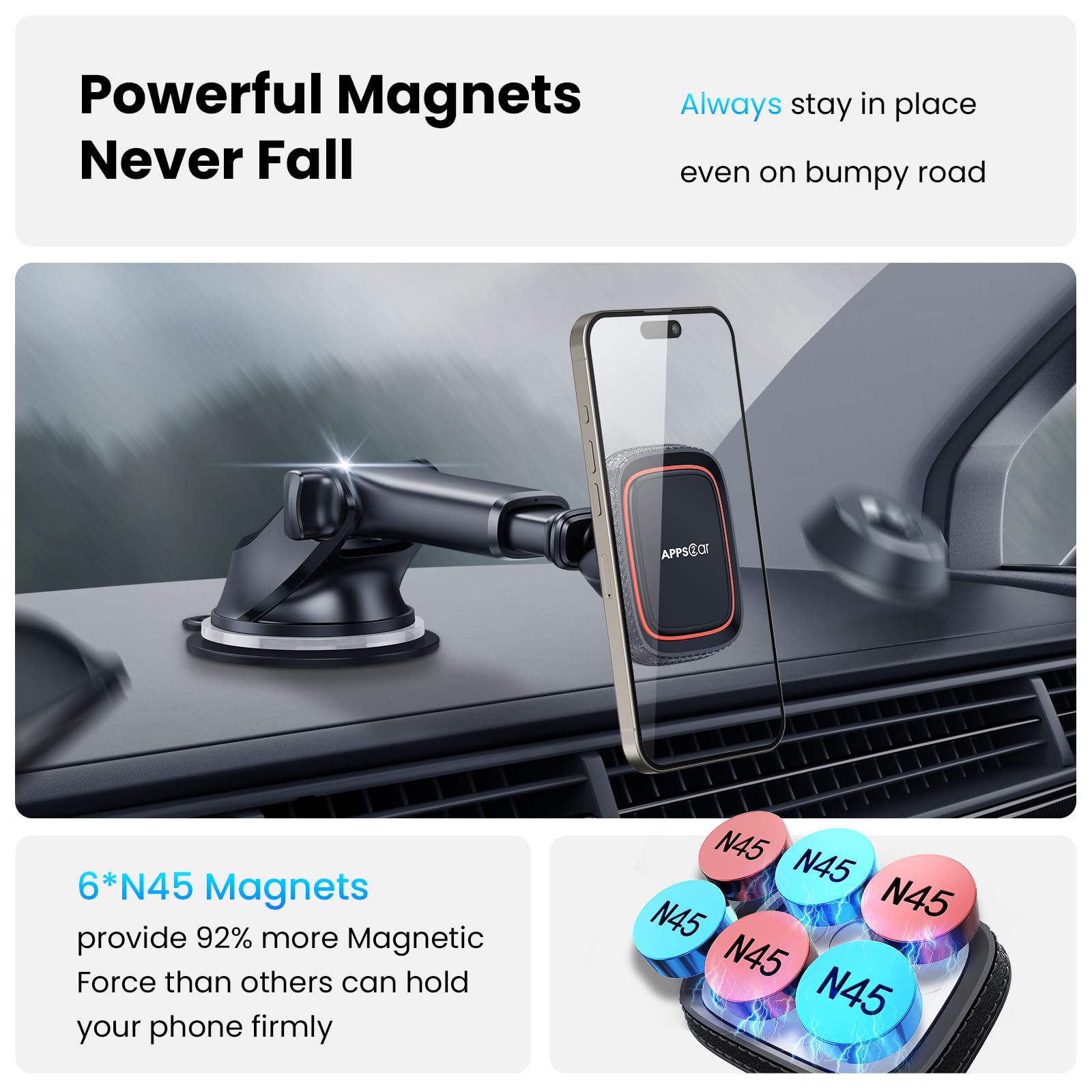 Apps2Car Magnetic Phone Car Mount, Dashboard Windshield Industrial Strength Suction Cup Car Phone Mount Holder With Adjustable Telescopic Arm,6 Strong Magnets, For Cell Phones(Metal Sticker Need)