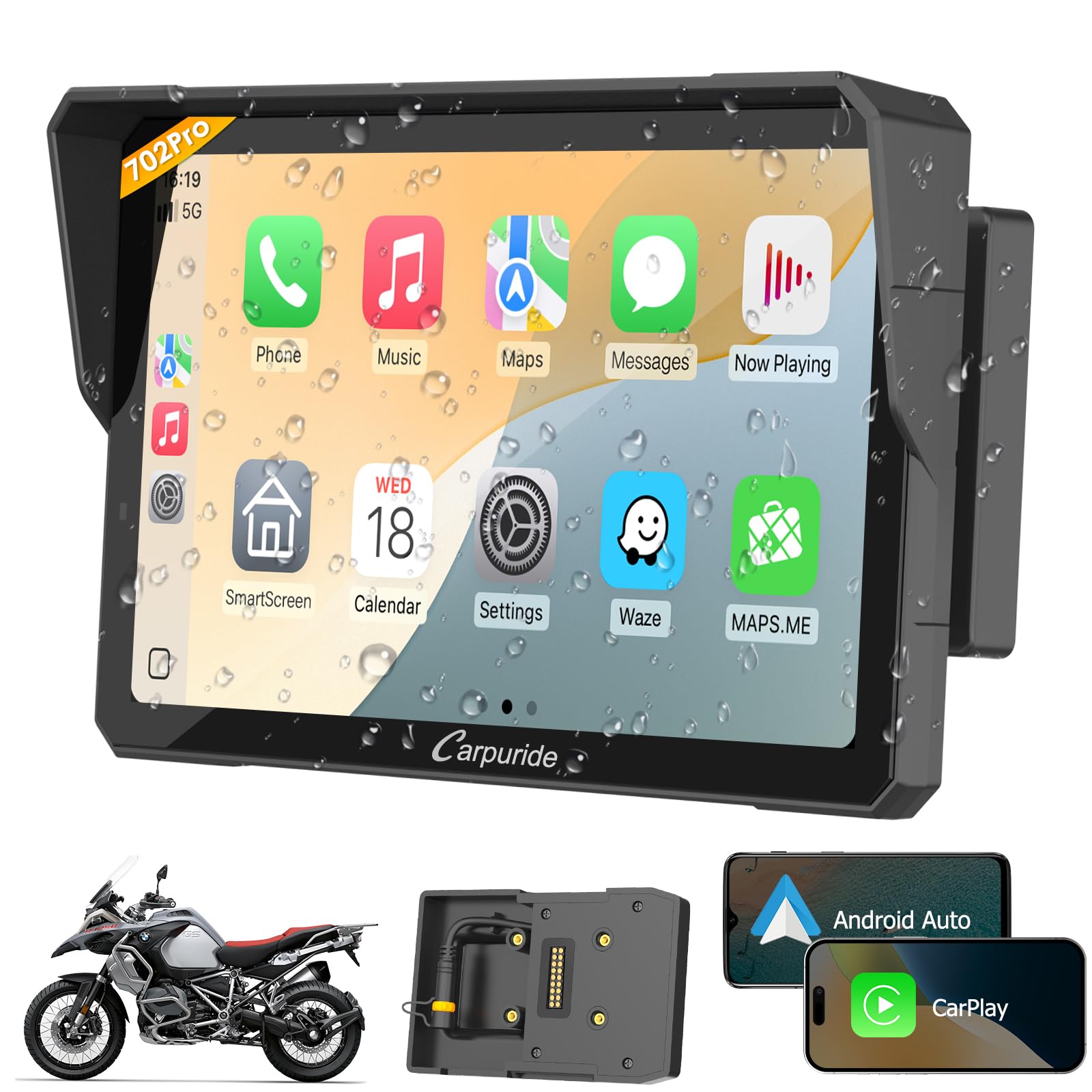 Carpuride W702B Pro Motorcycle Carplay Screen For Bmw R1200Gs R1250Gs S1000Xr Motorcycle, 7 Inch Waterproof Touchscreen, Portabl