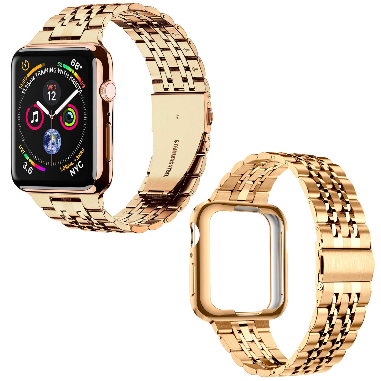 Miohhr Compatible With Apple Watch Band 45Mm, Solid Stainless Steel Metal Strap For Iwatch Series 9 8 7 (Rose Gold,45 Mm)