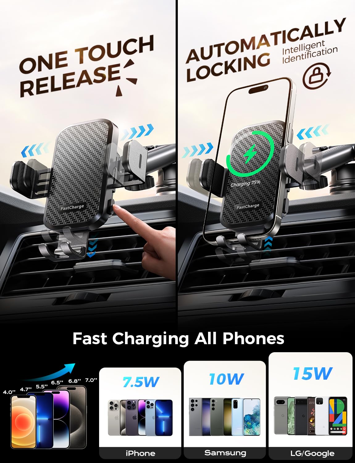 Chgeek Wireless Car Charger With Phone Holder Mount, 15W Fast Charging Auto Clamping Phone Holders For You Car Windshield Dashbo