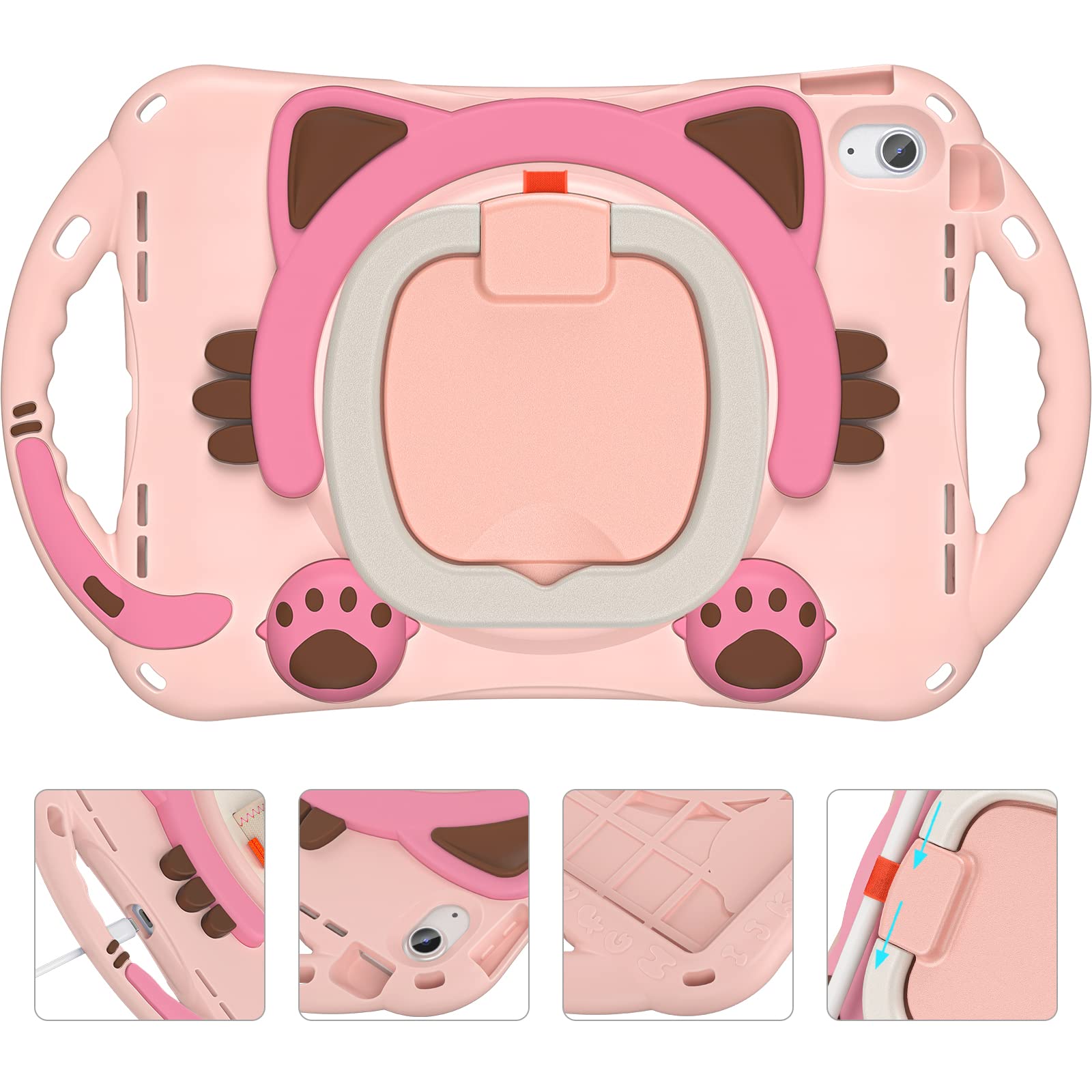 Braecn Cute Cat Case For Ipad 10Th Generation 10.9 Inch 2022, Silicone Kids Boys Girls Case With Pencil Holder,Carrying Shoulder