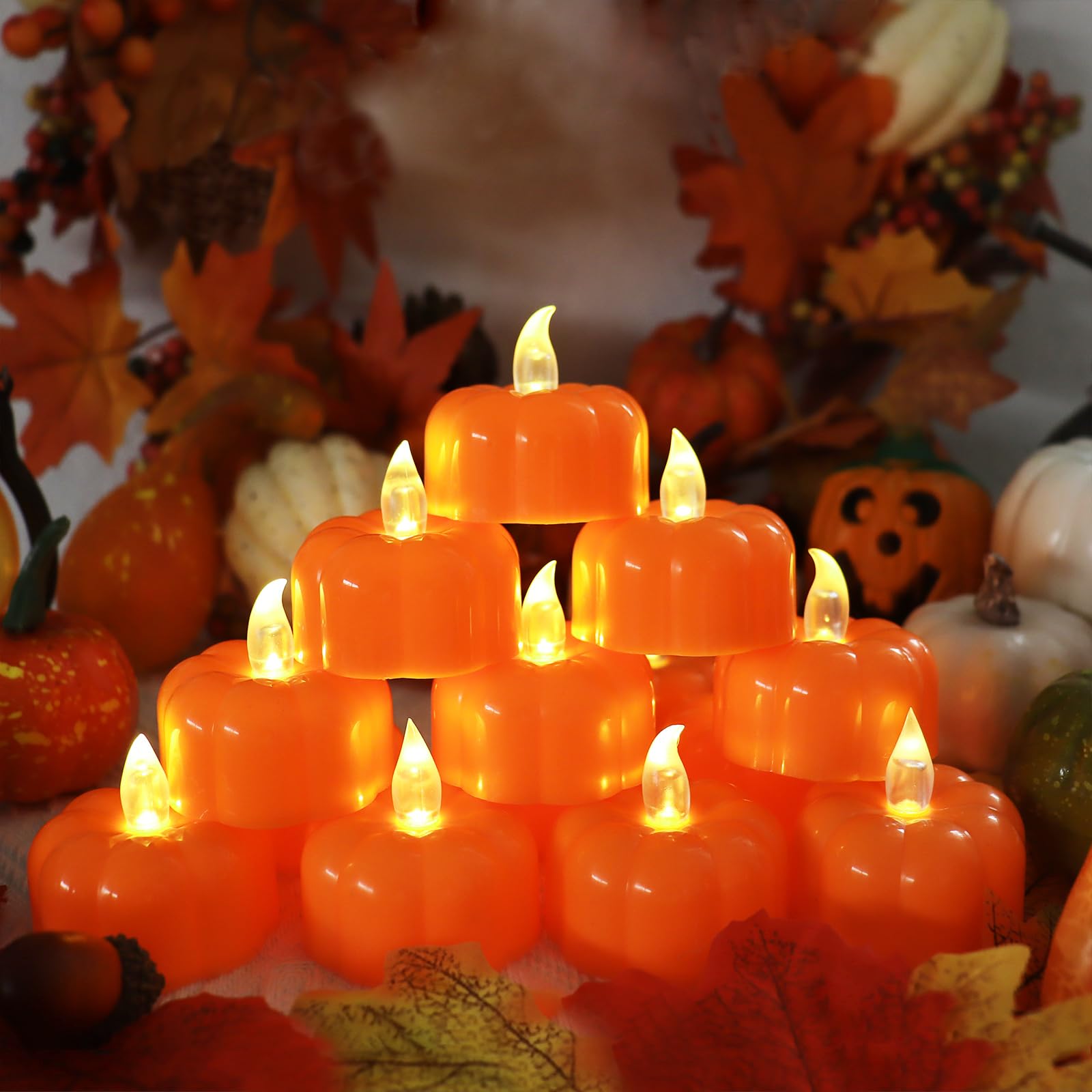 Thanksgiving Pumpkin Tea Lights Decorations Fall Decor, 24 Pack Led Orange Pumpkin Lights Flameless Candles Battery Operated, Ha