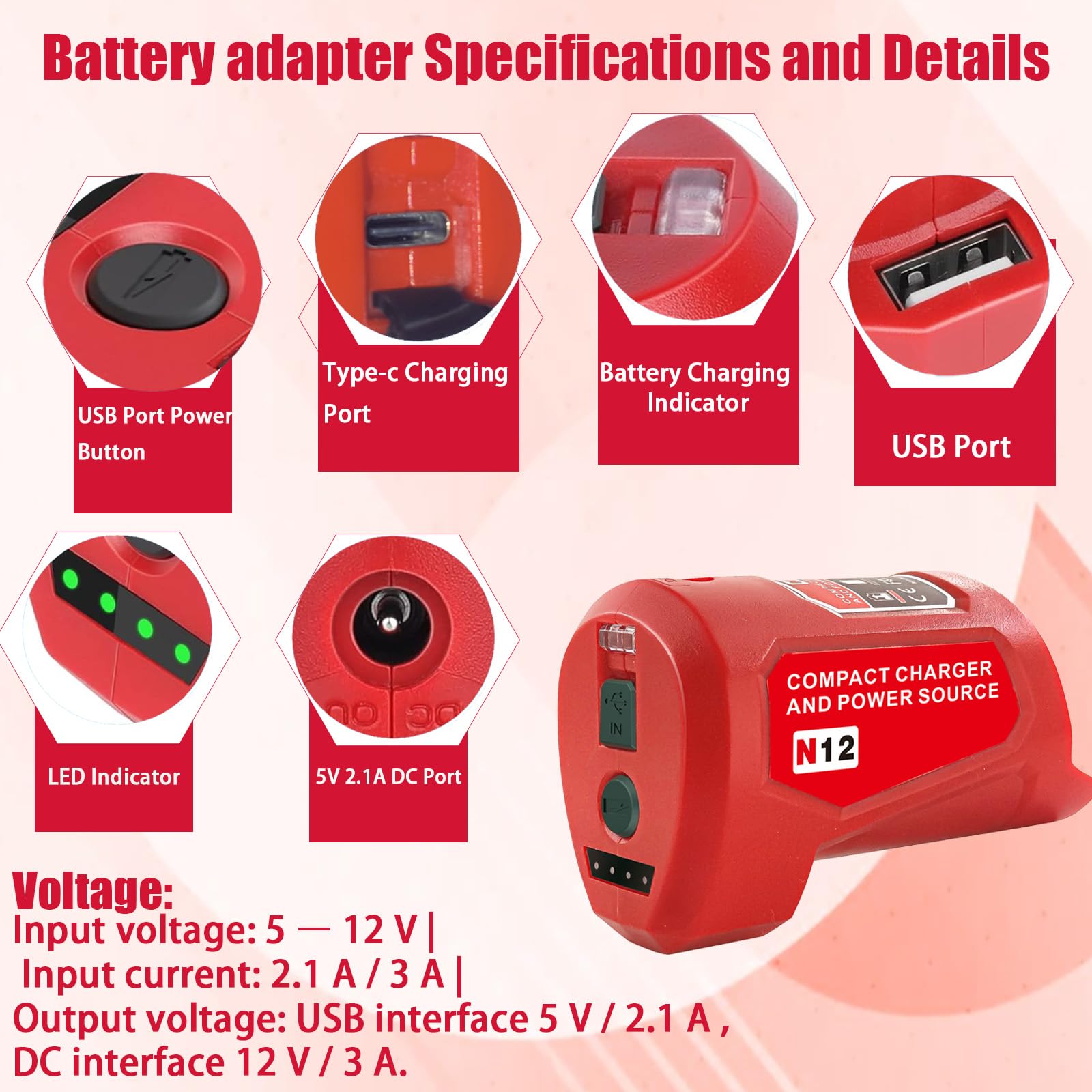 M 12 Battery Charger With Type C Port & Dc 12V Outlet