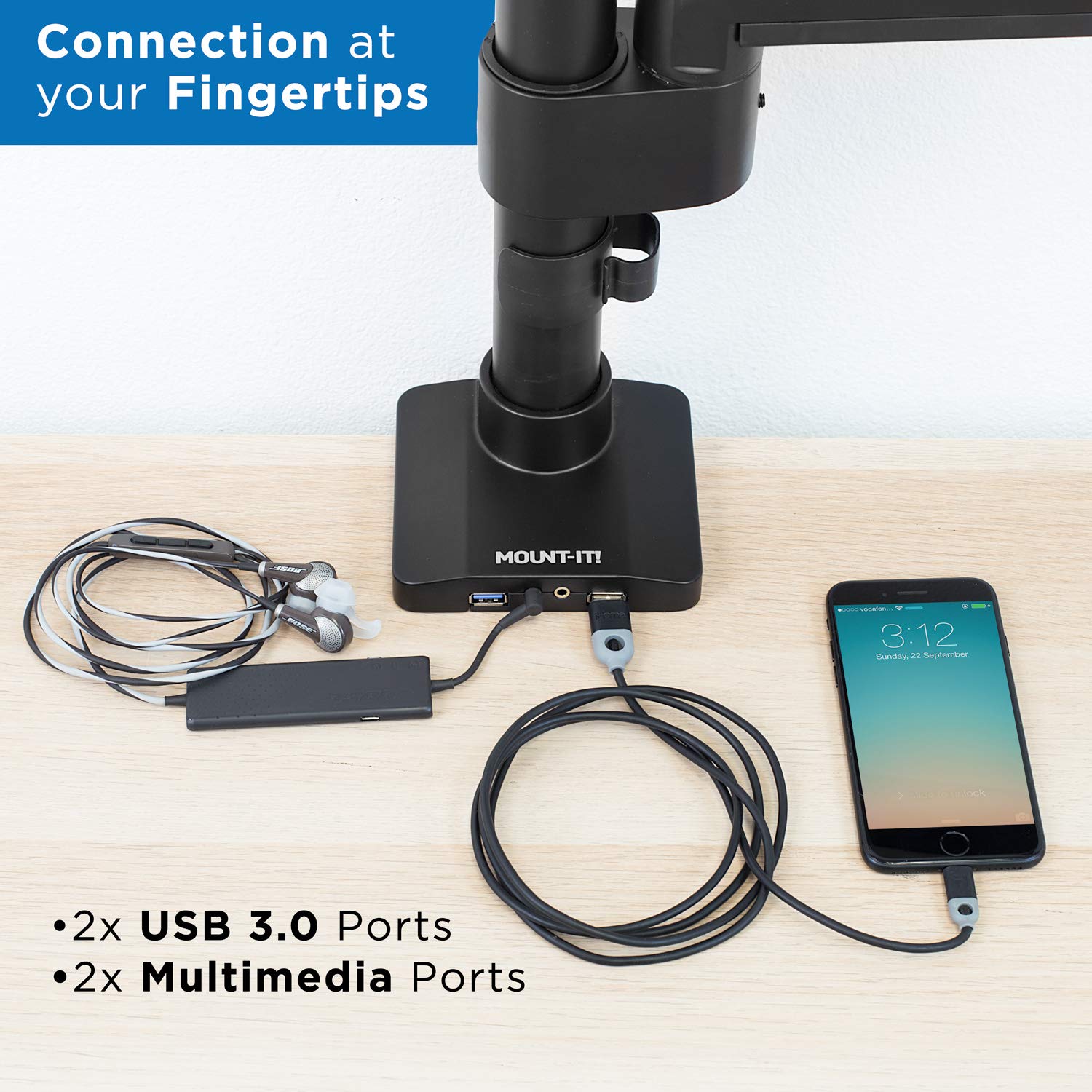 Mount It! Ultrawide Monitor Arm, Heavy Duty 34 Inch Monitor Desk Mount for Screens up to 35 Inch and 33 Lbs, Vesa 100x100 Compatible, Height Adjustable Gas Spring Arm with 2 USB 3.0 and Audio Ports