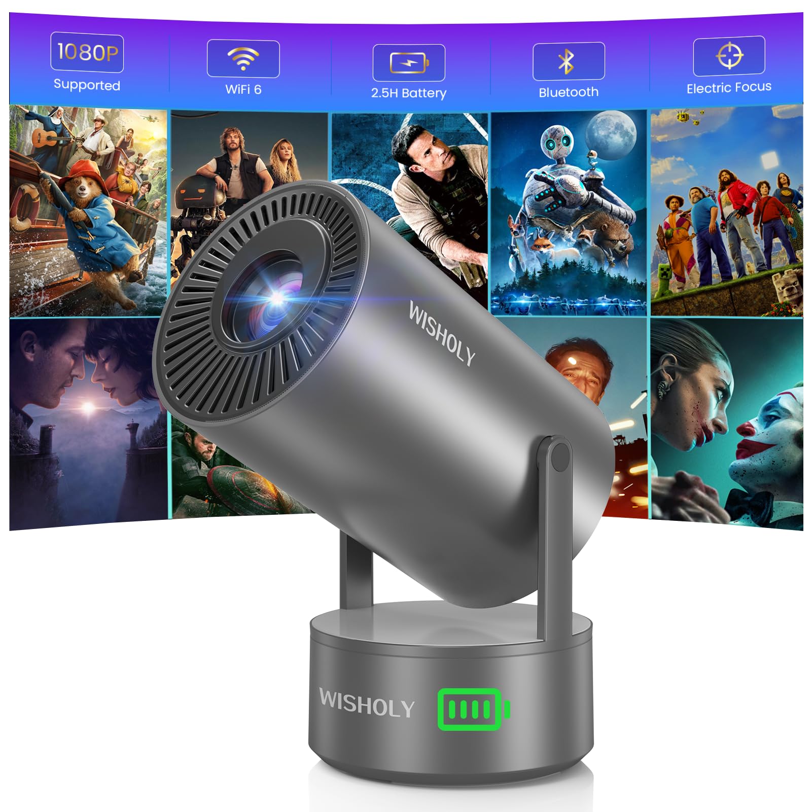 WISHOLY Projector with WiFi and Bluetooth, Mini Portable Projector with Built-in Rechargeable Battery for Outdoor, 1080P Support