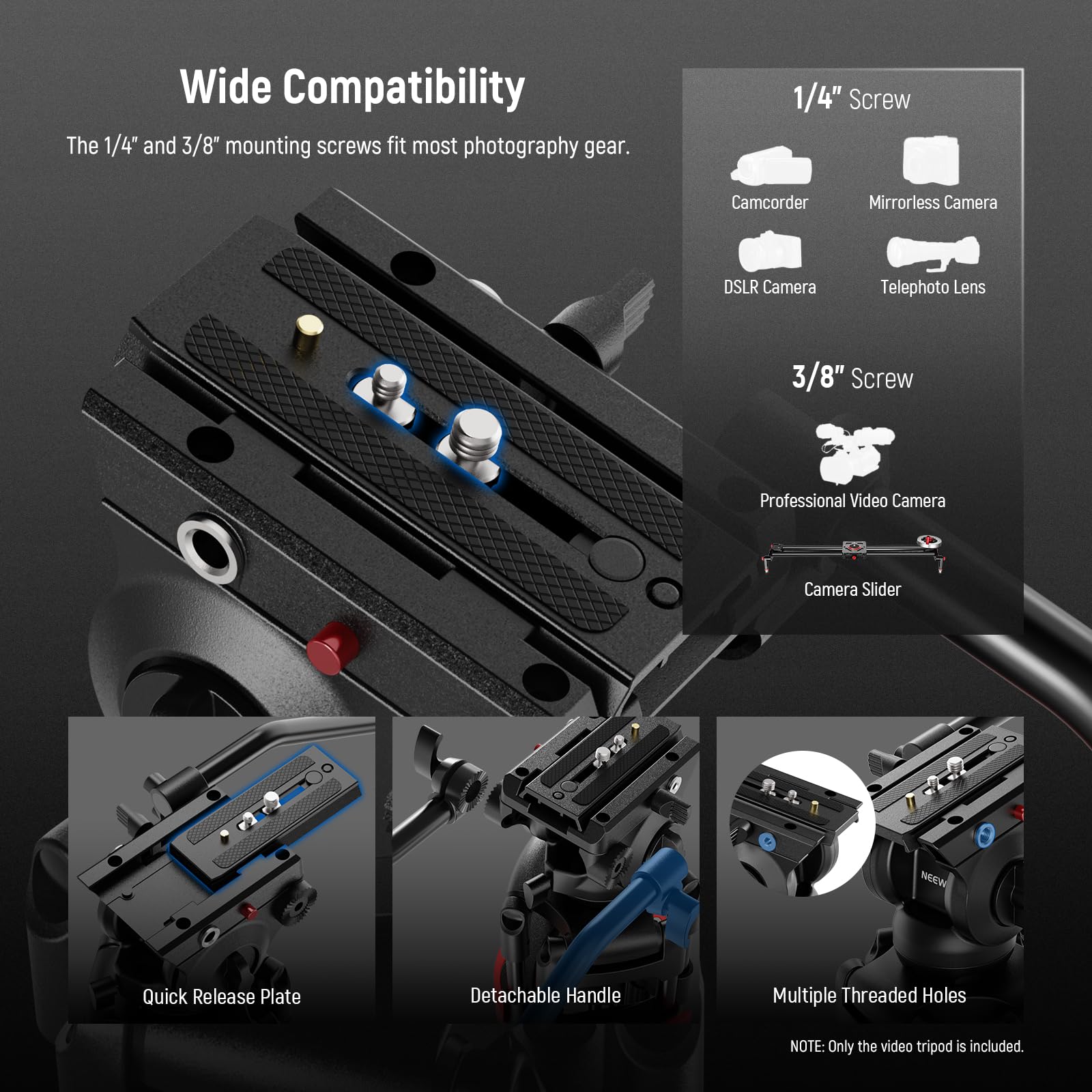 Neewer 74'' Video Tripod With Fluid Head [Basic Version], Metal Camera Tripod With Smooth Friction Damping, Mid Level Spreader,