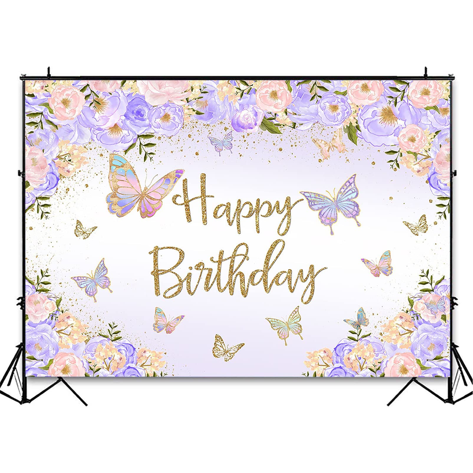 Avezano Purple Butterfly Birthday Backdrop For Girl'S Purple Peach Floral Pastel Butterflies Birthday Background Pink Lilac Purp