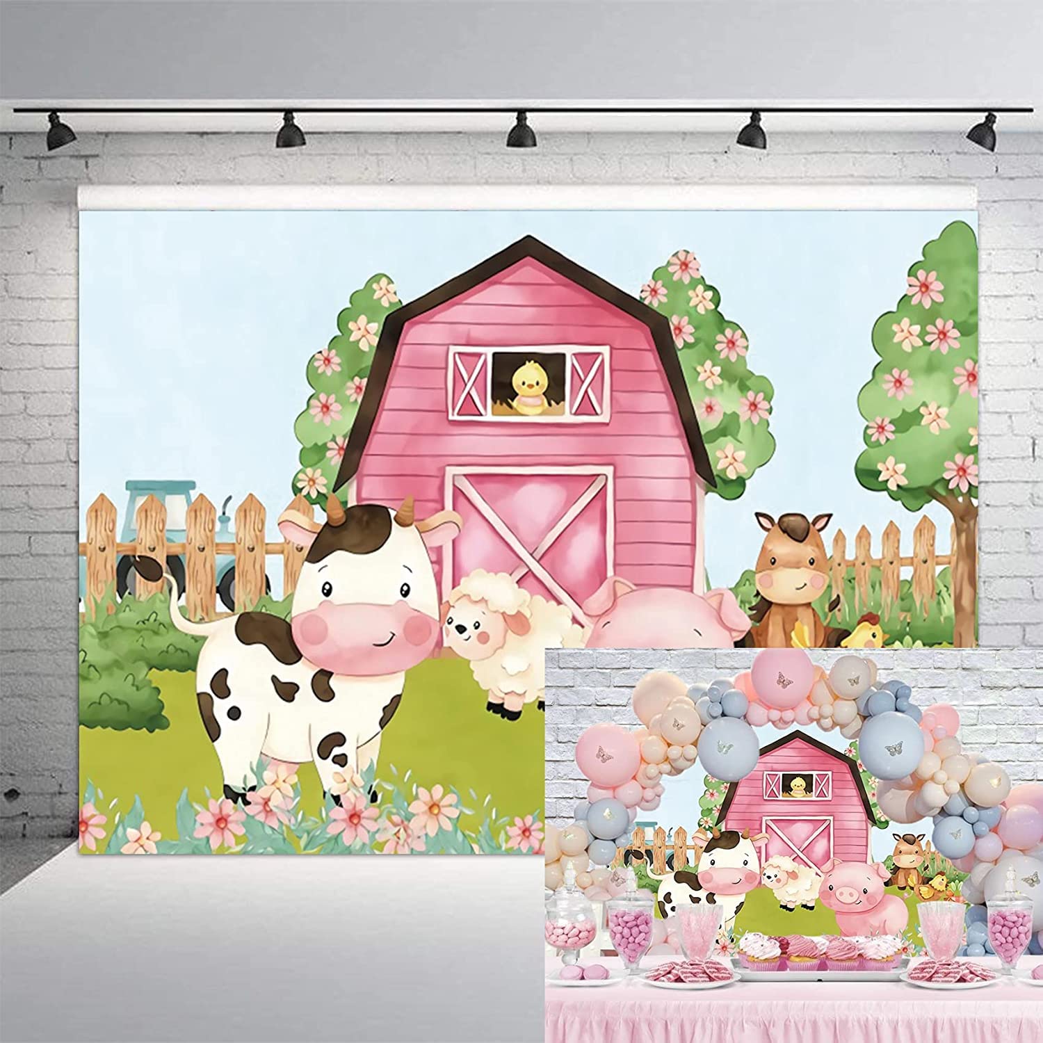 8X6Ft Cartoon Farm Animals Party Backdrop Pink Barn Girl Baby Shower Birthday Photography Background Farmland Animals Cows Pigs