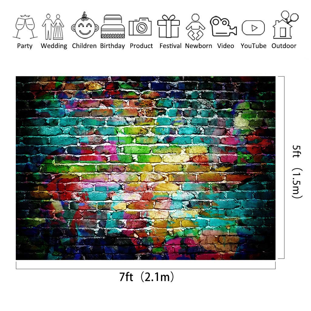 Riyidecor Colorful Brick Wall Photography Backdrop Graffiti Polyester Fabric Multicolor 7x5 ft RY-BA13-WWDE