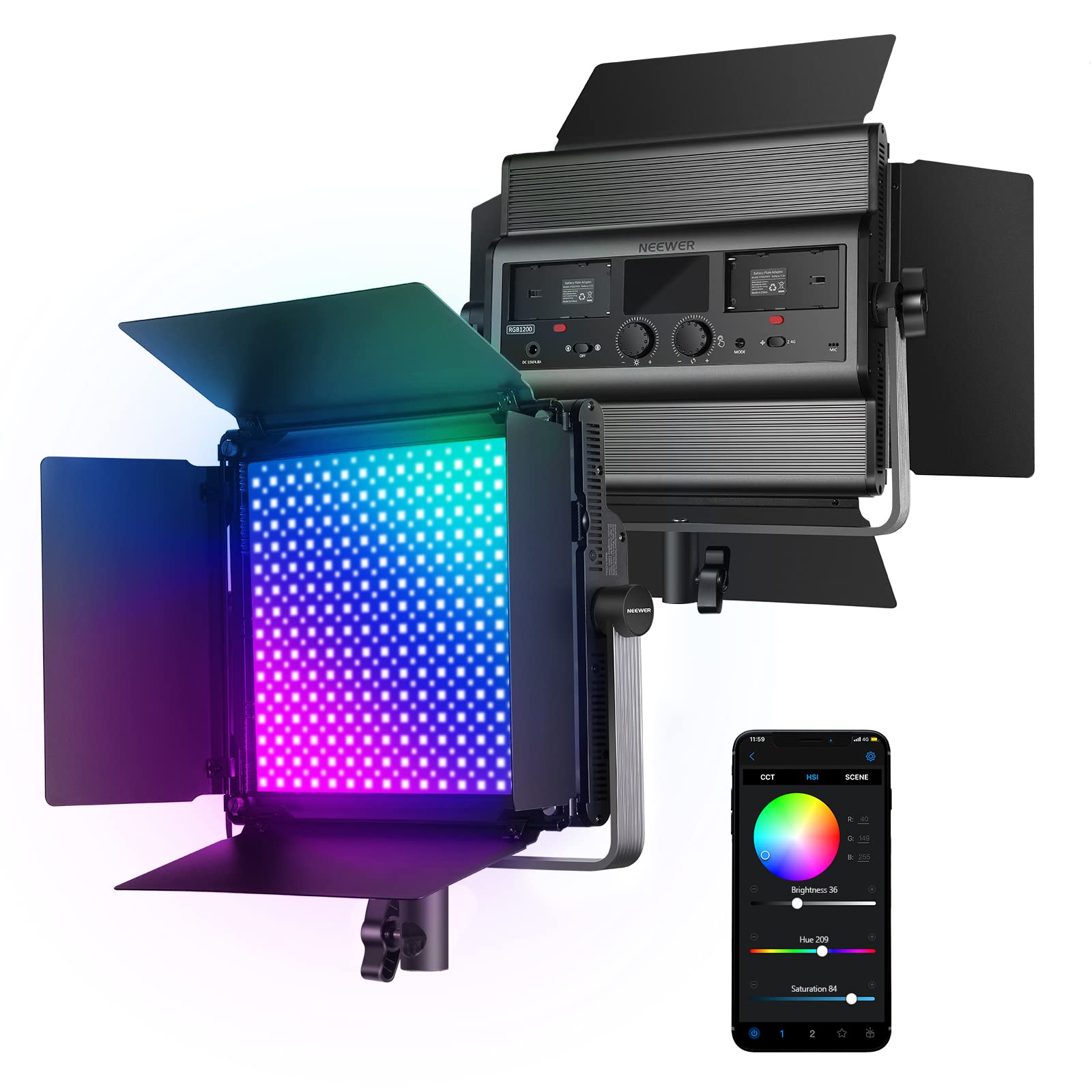 Neewer Rgb1200 Rgb Led Video Light Panel With App/2.4G Control, 60W Studio Photography Lighting 22000Lux@0.5M/1% Precise Min Dim