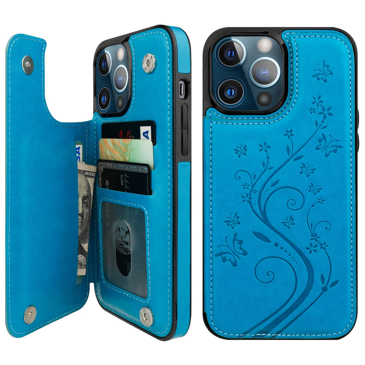 Vaburs Compatible With Iphone 13 Pro Max Case Wallet With Card Holder, Embossed Butterfly Pattern Pu Leather Double Buttons Flip