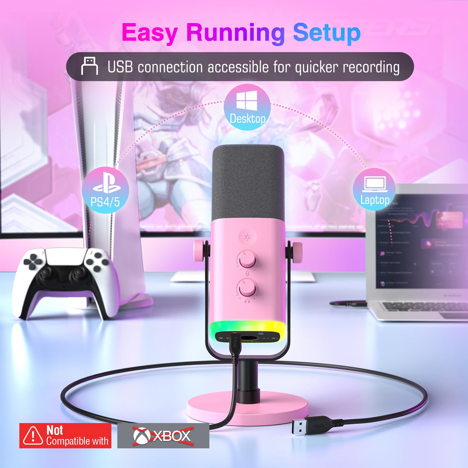 Fifine Xlr/Usb Microphone, Gaming Recording Pc Microphone With Headphones Jack, Mute Button, Dynamic Rgb Mic For Computer, Strea