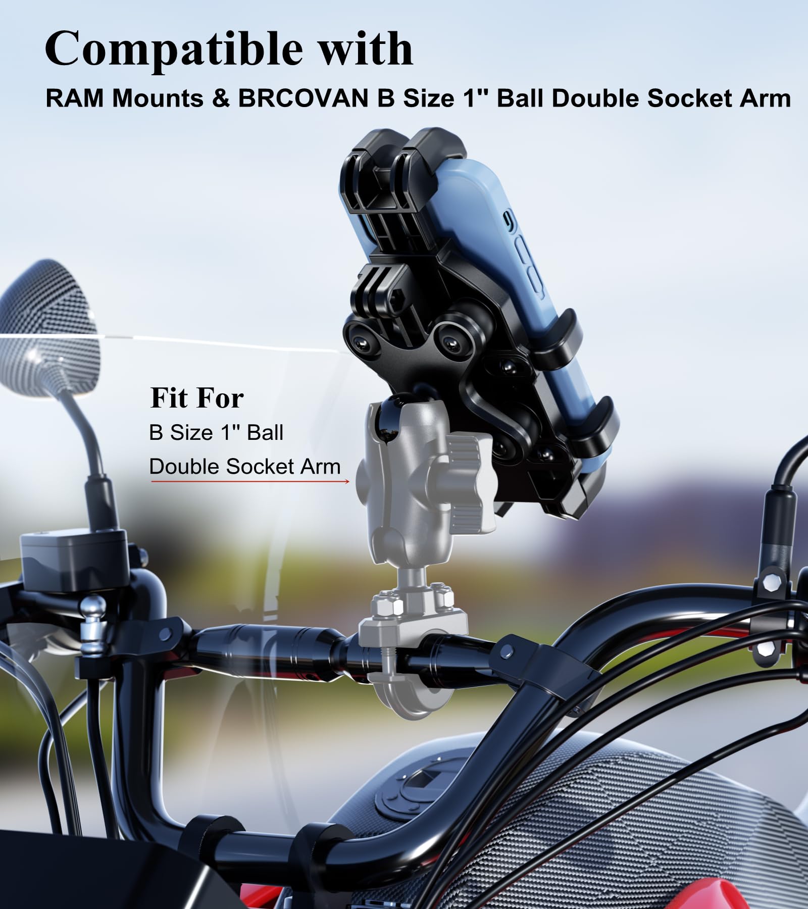Brcovan 1'' Ball Motorcycle Phone Mount With Vibration Dampener, Adjustable Cellphone Holder For Atv Utv Bike Scooter, Compatibl