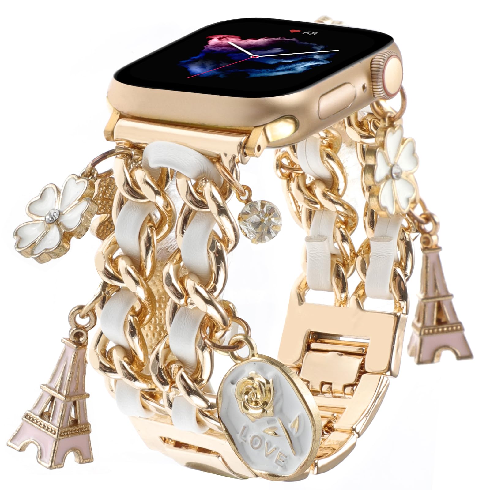 Realsign Stylish Metal Wristband Compatible With Apple Watch Bands 38Mm 40Mm 41Mm,Cuban Chain Band With Cute Unique Pendants Flo