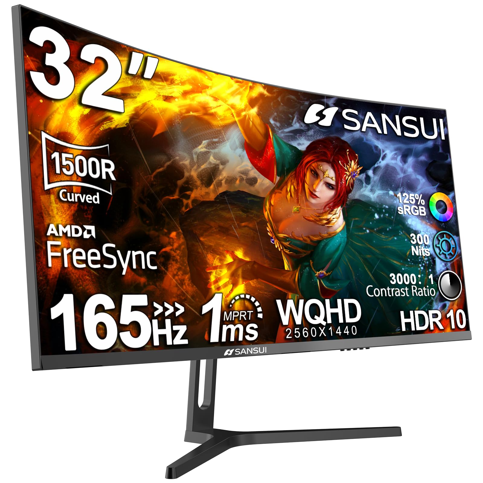 Sansui 32 Inch Curved Gaming Monitor Wqhd 2560 X 1440 165Hz Curved 1500R  1Ms(Od), Hdr, 300Nits, Srgb 125%, Dci P3 95%, Freesync