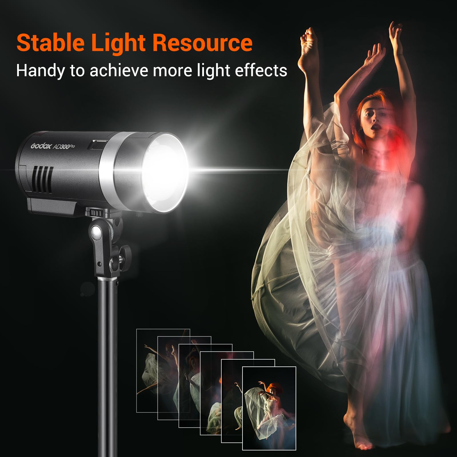 Godox Ad300 Pro Ad300Pro Outdoor Flash Strobe Light, 2.4G 300Ws Hss 1/8000S Studio Flash Monolight, 2600Mah Lithium Battery, 12W