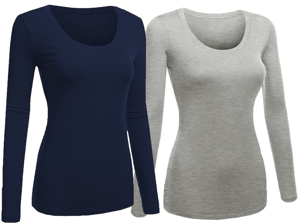 Emmalise Womens Junior And Plus Size Basic Scoop Neck Tshirt Long Sleeve Tee, 1Xl, 2Pk Navy, Hgray