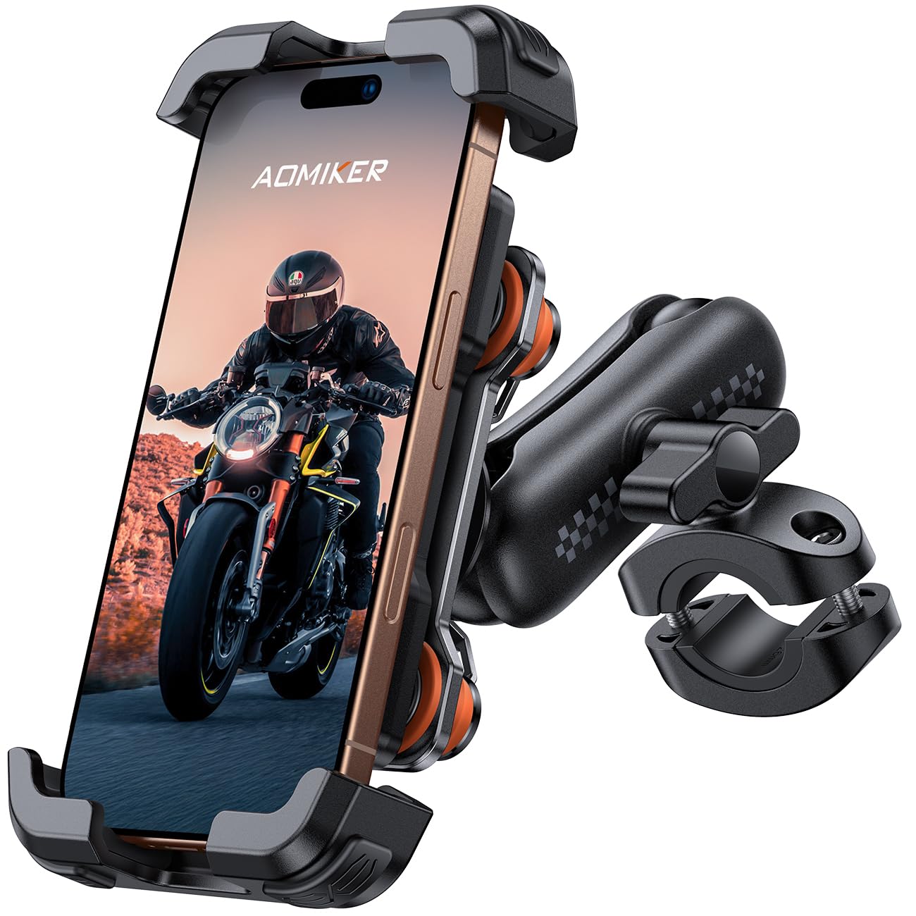 Aomiker Motorcycle Phone Holder Mount - [Metal Extension Arm] [Dual Vibration Dampener] Motorcycle Cell Phone Mount, Bike Phone 