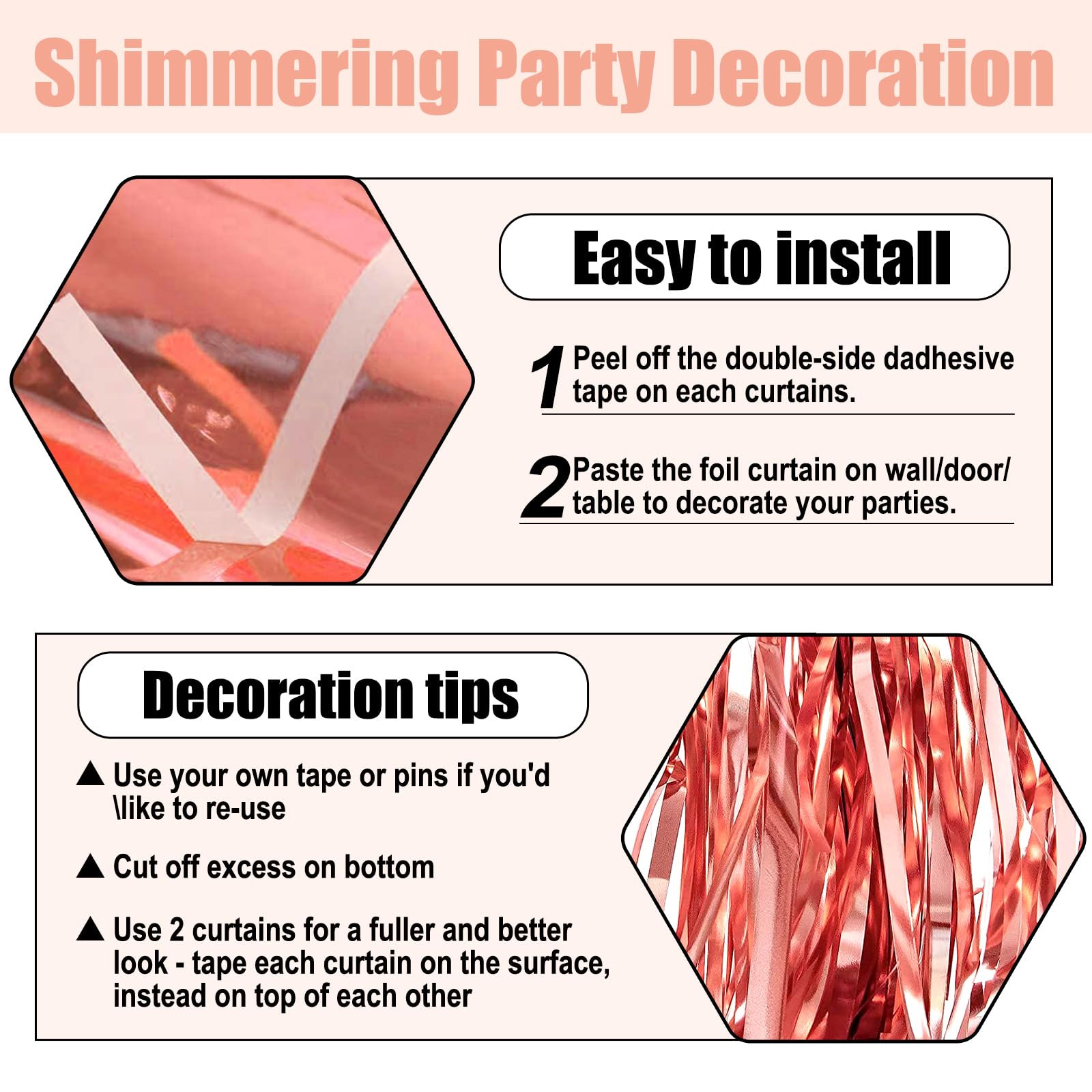 6 Pack Rose Gold Foil Fringe Curtain Backdrop, 3.28Ft X 6.6Ft Metallic Tinsel Foil Fringe Streamer Curtains For Photo Booth, Chr