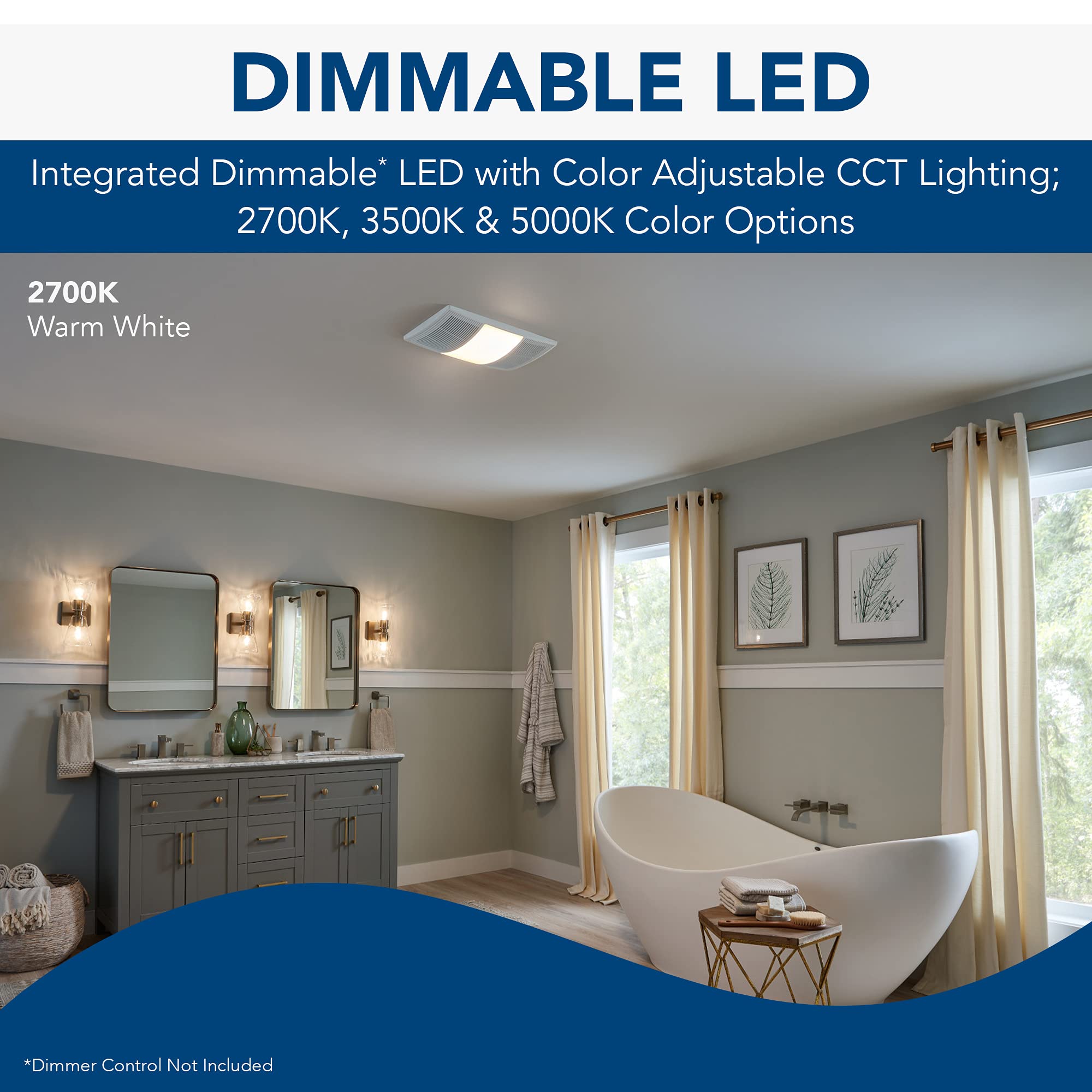 Broan Nutone Bhfled80 Powerheat Bathroom Exhaust Fan, Heater, And Led Light Combination, 80 Cfm