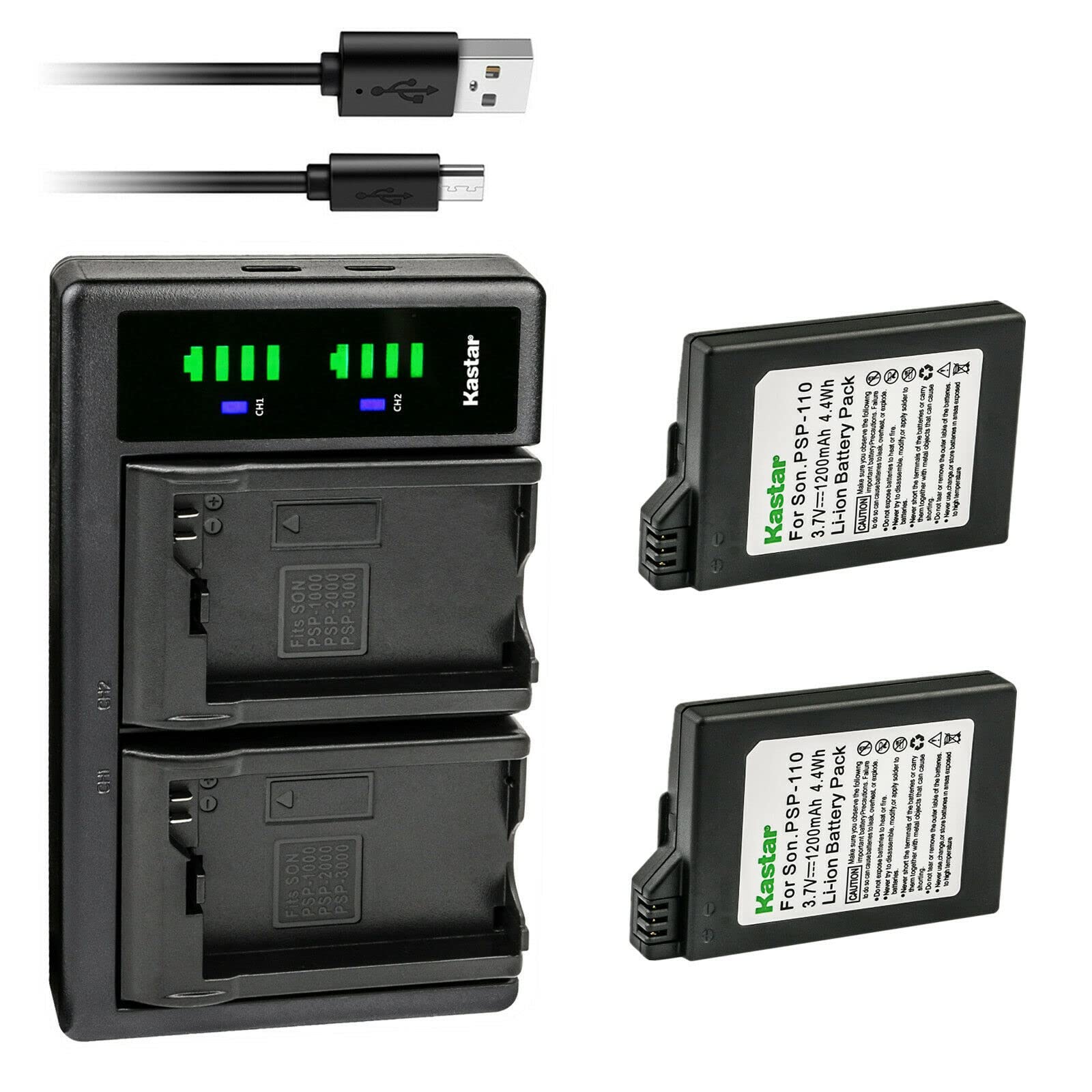 Kastar 2-Pack PSP 110 Battery and LTD2 USB Charger Replacement for Sony PSP3001 PSP3002 PSP3003 PSP3004 PSP3005 PSP3006 PSP3007 