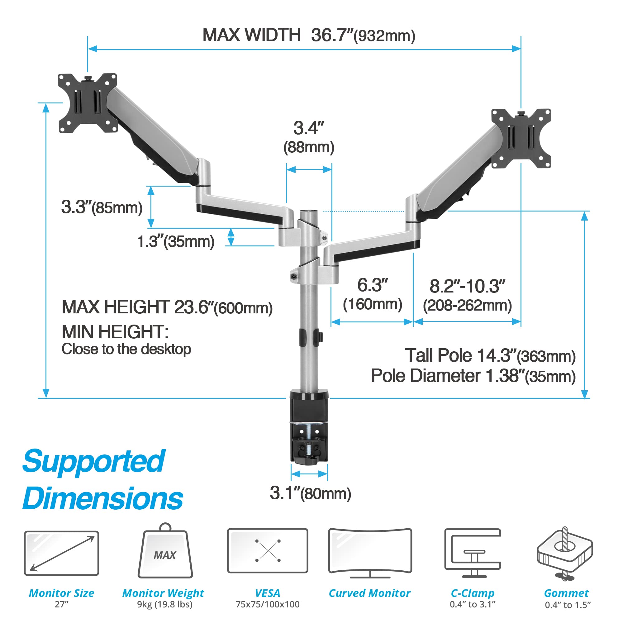 Avlt Dual 13'' 27'' Stacked Monitor Arm Desk Mount Fits Two Flat/Curved Monitor Full Motion Height Swivel Tilt Rotation Adjustab
