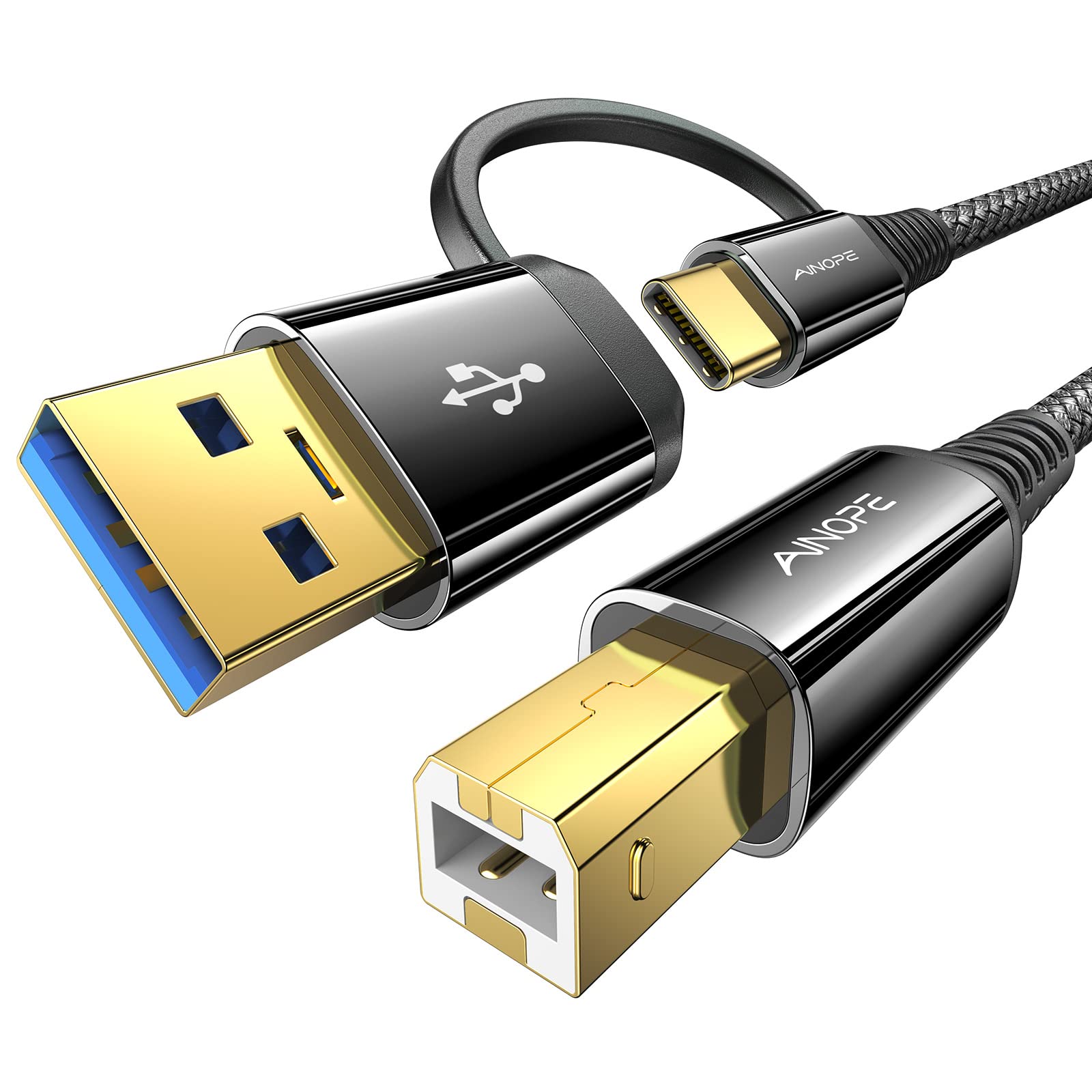 Ainope Usb Printer Cable High Speed Nylon Braided [2 In 1], 6.6Ft Black [Never Rupture] Usb B To Usb C Printer Cord For Macbook 