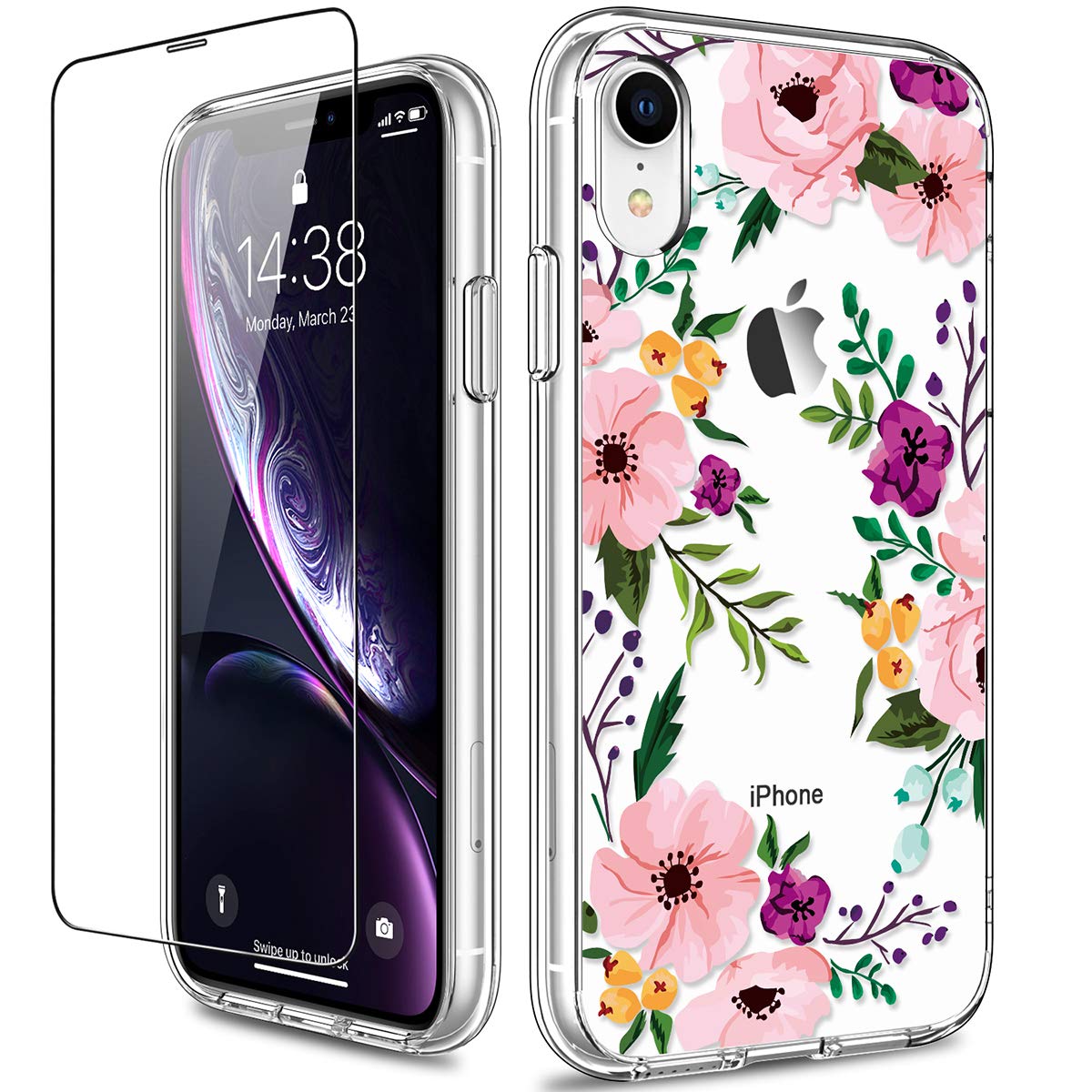 Giika Iphone Xr Case With Screen Protector, Clear Heavy Duty Protective Case Floral Girls Women Shockproof Hard Pc Back Case Wit