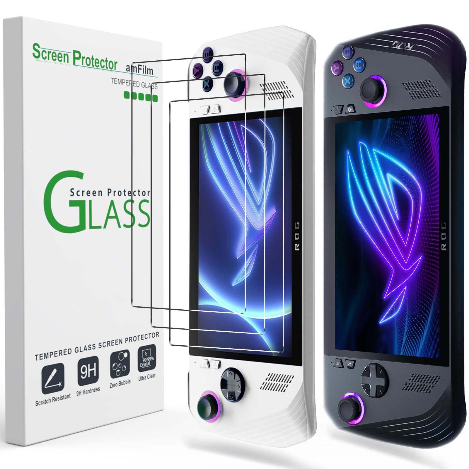 amFilm 3 Pack Designed for ASUS ROG Ally 2023 /ROG Ally X 2024 Screen Protector 7 inch, Tempered Glass, Transparent Ultra HD, An