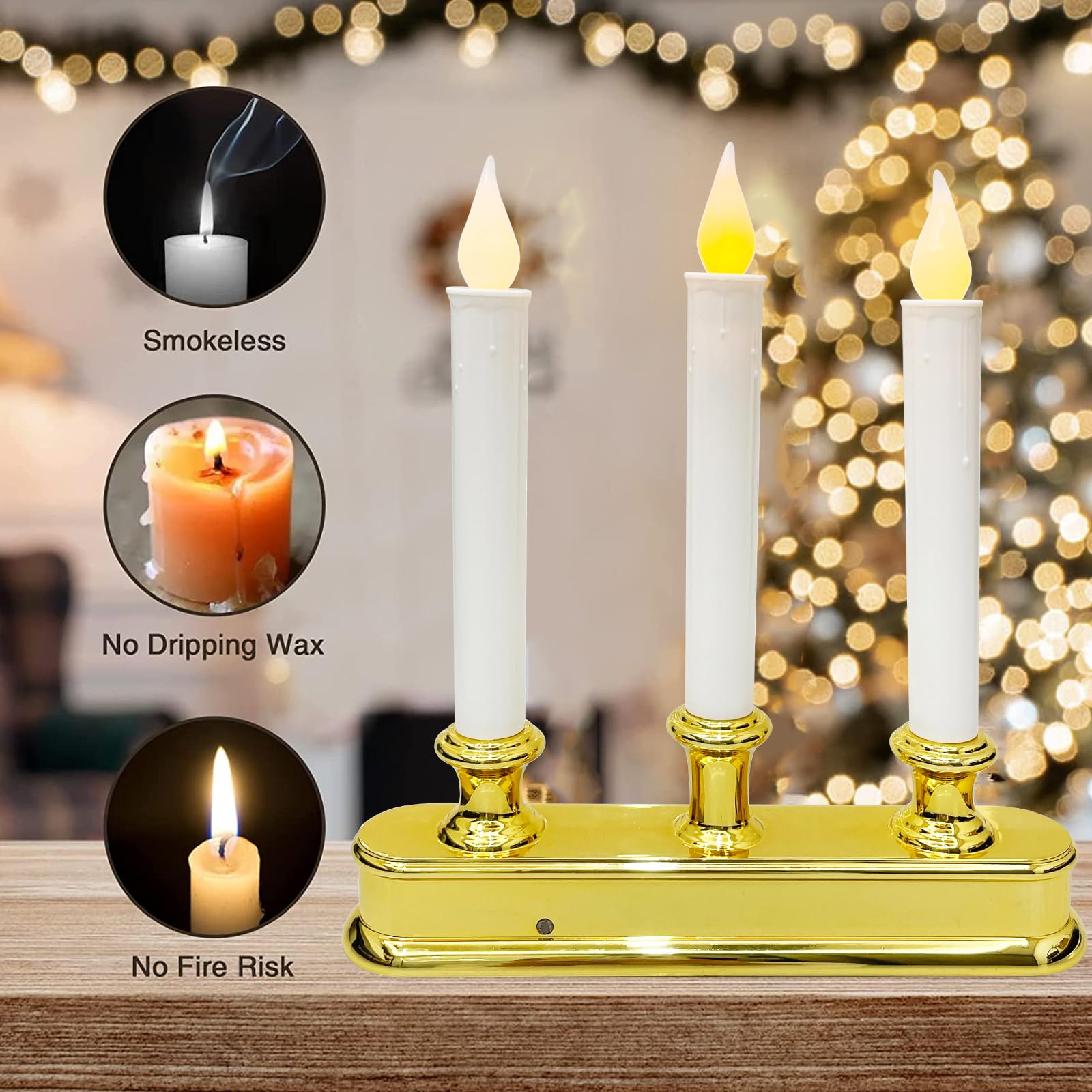 Bokoiuu Christmas Window Candle Lamps, 3 Lights Flameless Flicker Led Lights And Golded Base, Battery Powered Window Candle Fit