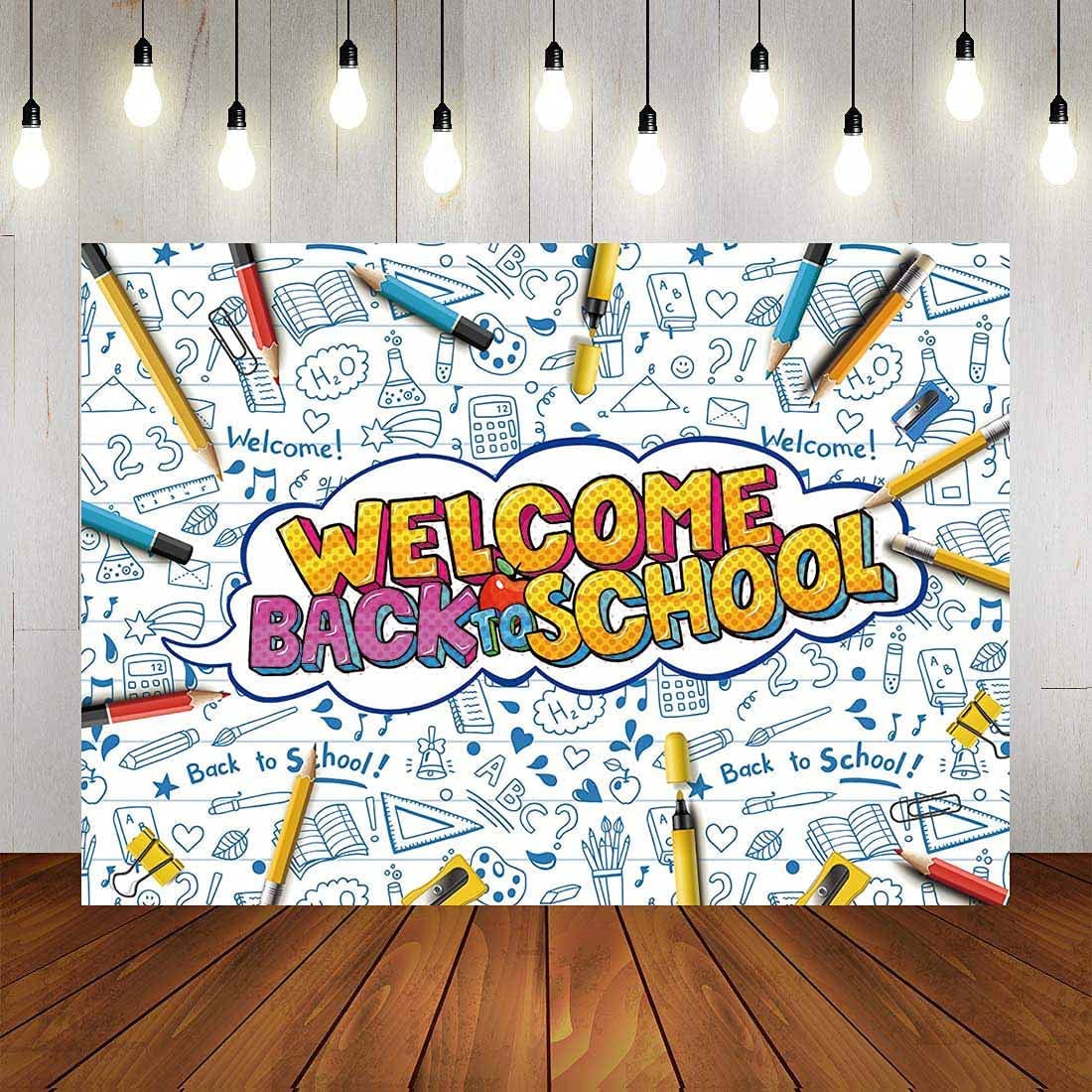 Yongqian Welcome Back To School Backdrop First Day Of Kindergarten White Blue Photography Backdrops 5X3Ft Teacher And Students Kids Party Decoration Banner Students Classroom Photo Background Booth