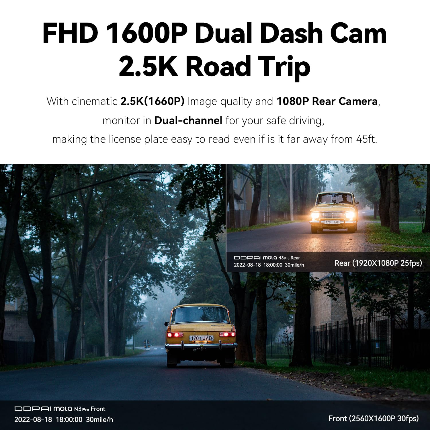 Ddpai 2.5K Dash Cam Front And Rear, 1600P+1080P Fhd Dual Dash Camera For Cars With App, Built In Wifi, Night Vision, 140 Wide An