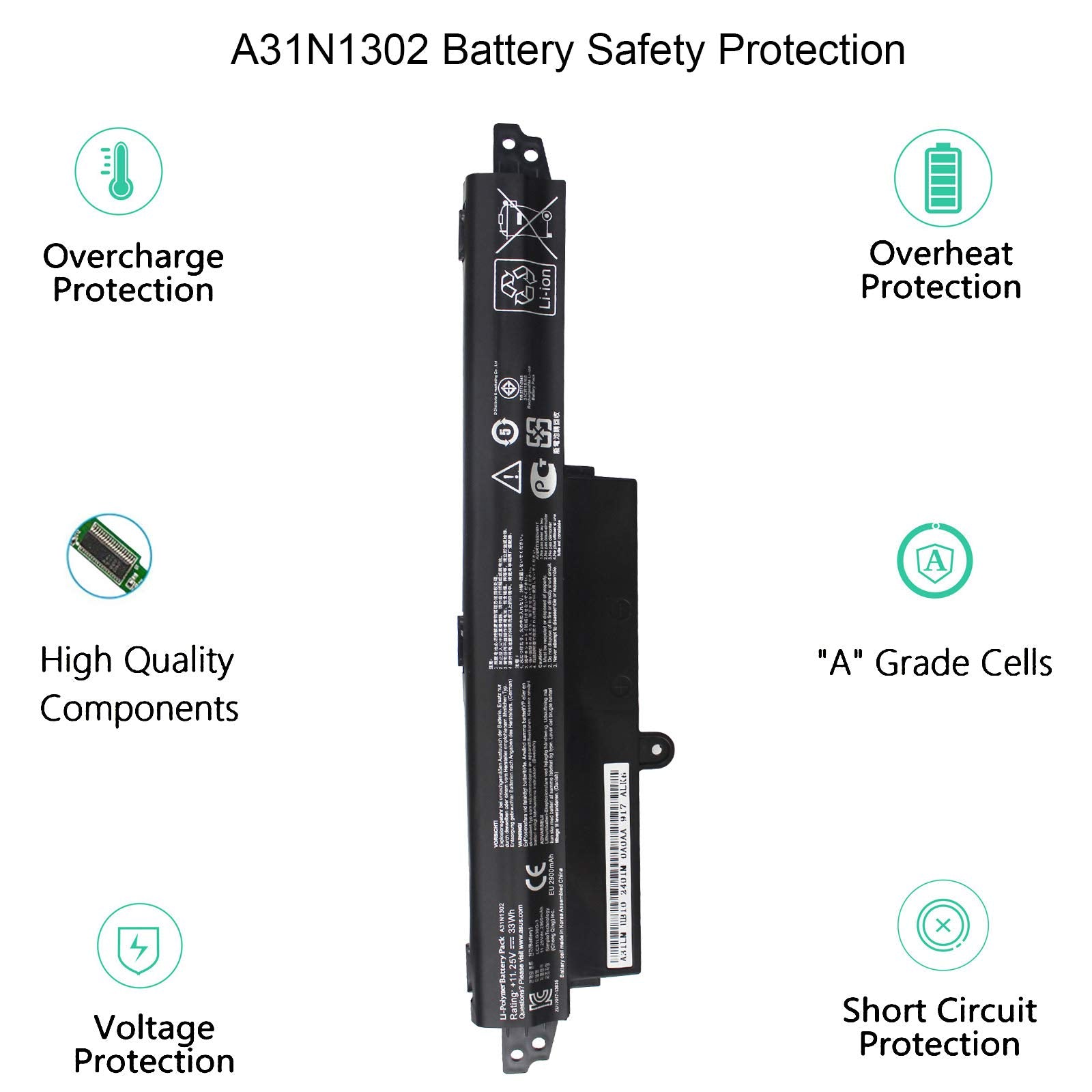 Gomarty A31N1302 Battery For Asus Vivobook X200Ca X200M X200Ma F200Ca K200Ma 11.6'' Series A3Ini302 A31N1302 A31Lmh2 A31Lm9H 156